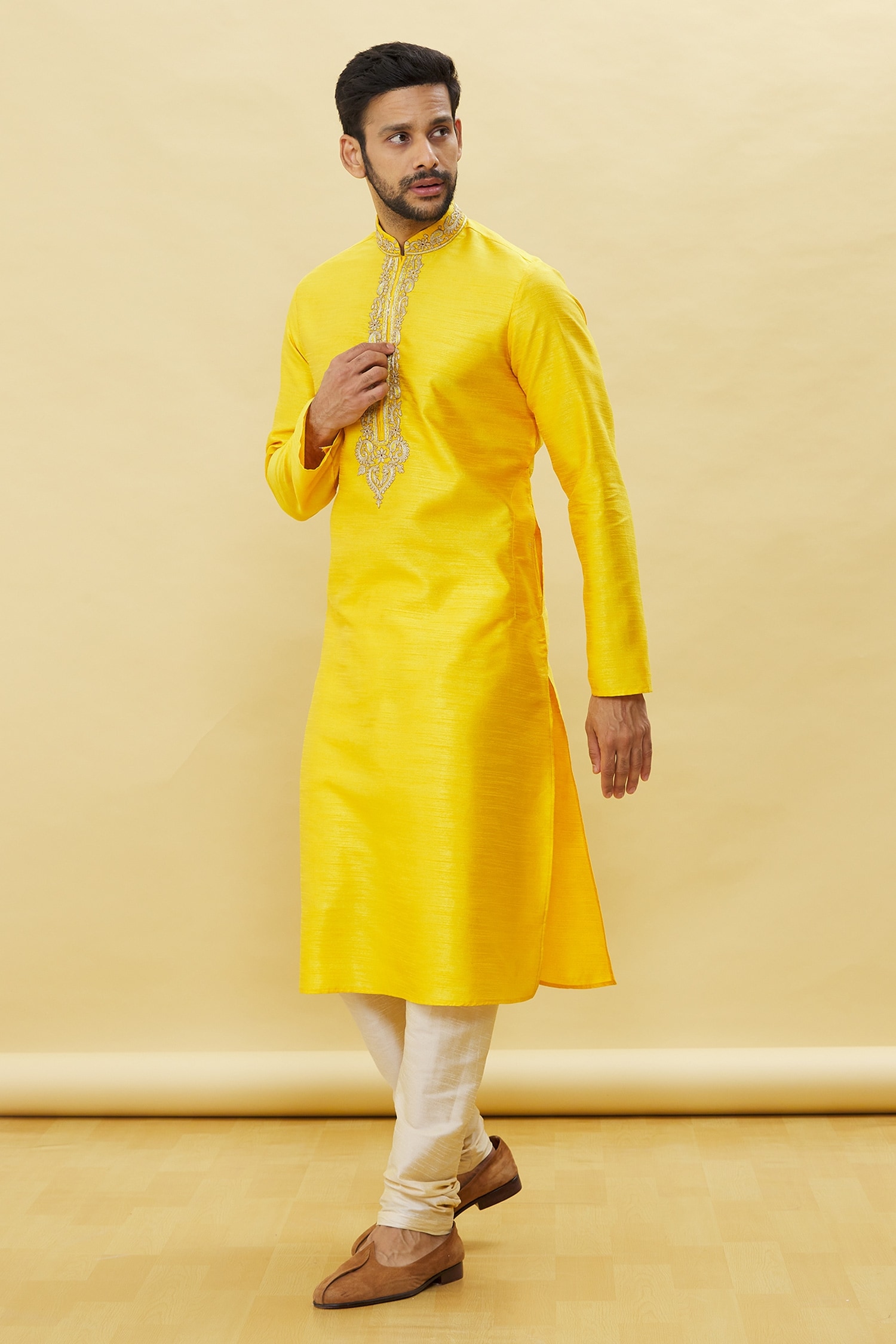 Buy Yellow Silk Plain Floral Solid Kurta With Churidar Set For Men by