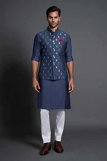 Buy Blue Chanderi Silk Embroidered Floral Woven And Kantha Work ...