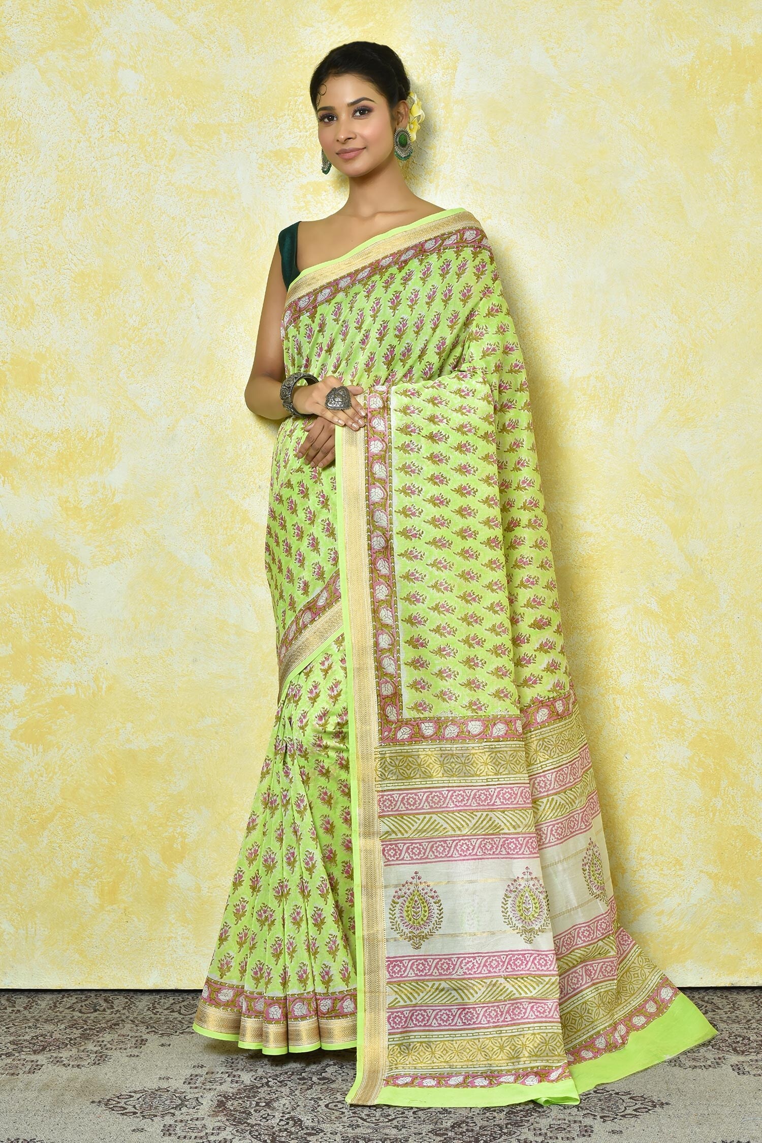 Nazaakat by Samara Singh Multi Color Pure Maheshwari Silk Ditsy Hand Block Print Saree