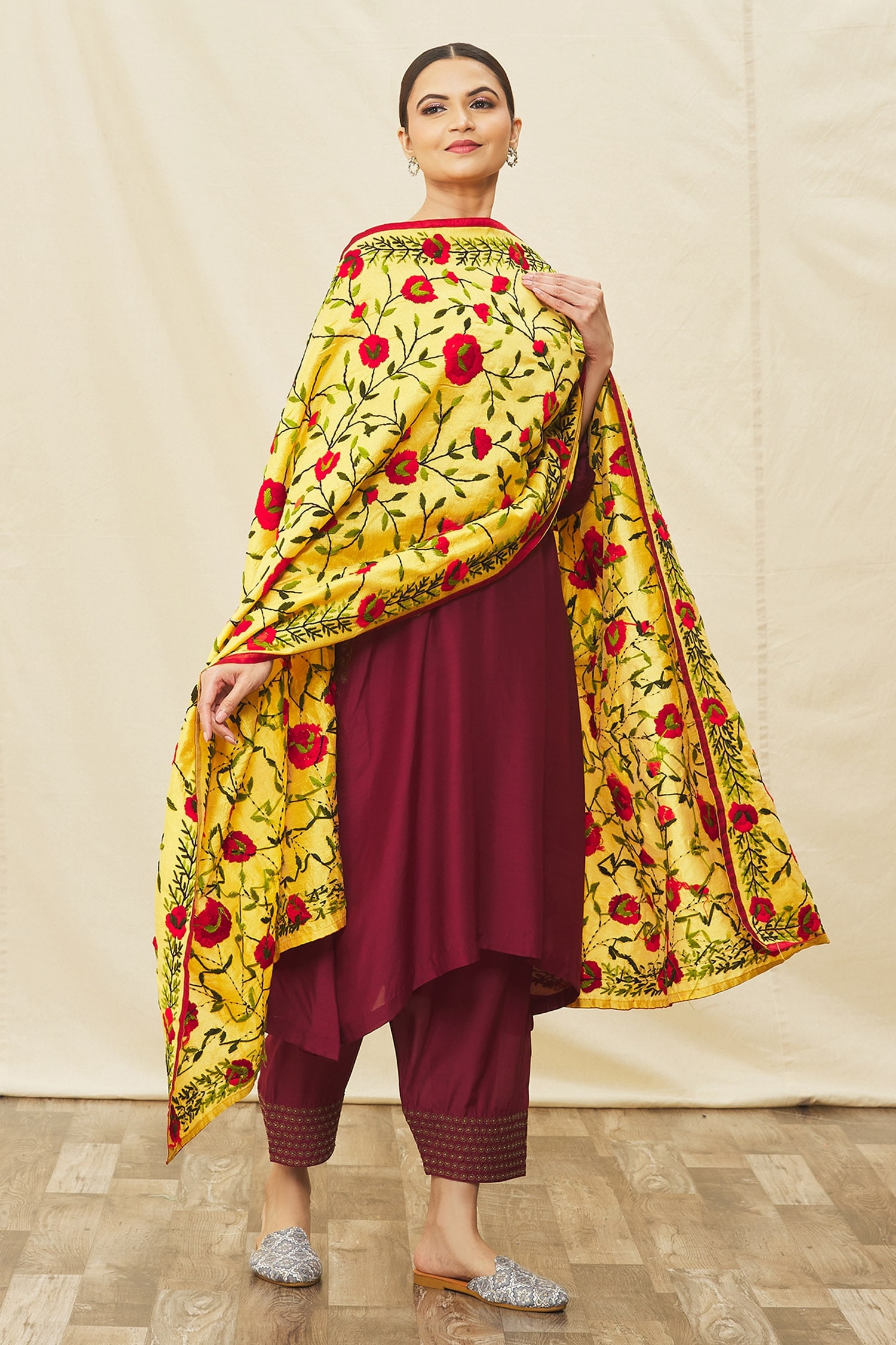 Buy Yellow Silk Embroidered Phulkari Floret Pattern Dupatta For Women ...