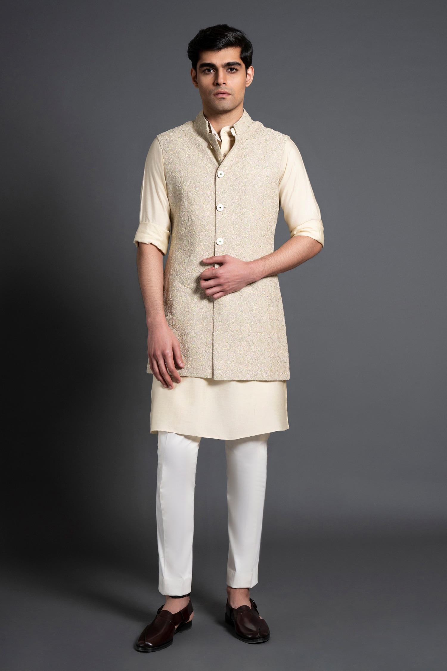 Raghavendra Rathore Jodhpur Beige Silk Embroidered Thread And Pearl Work Waistcoat For Men