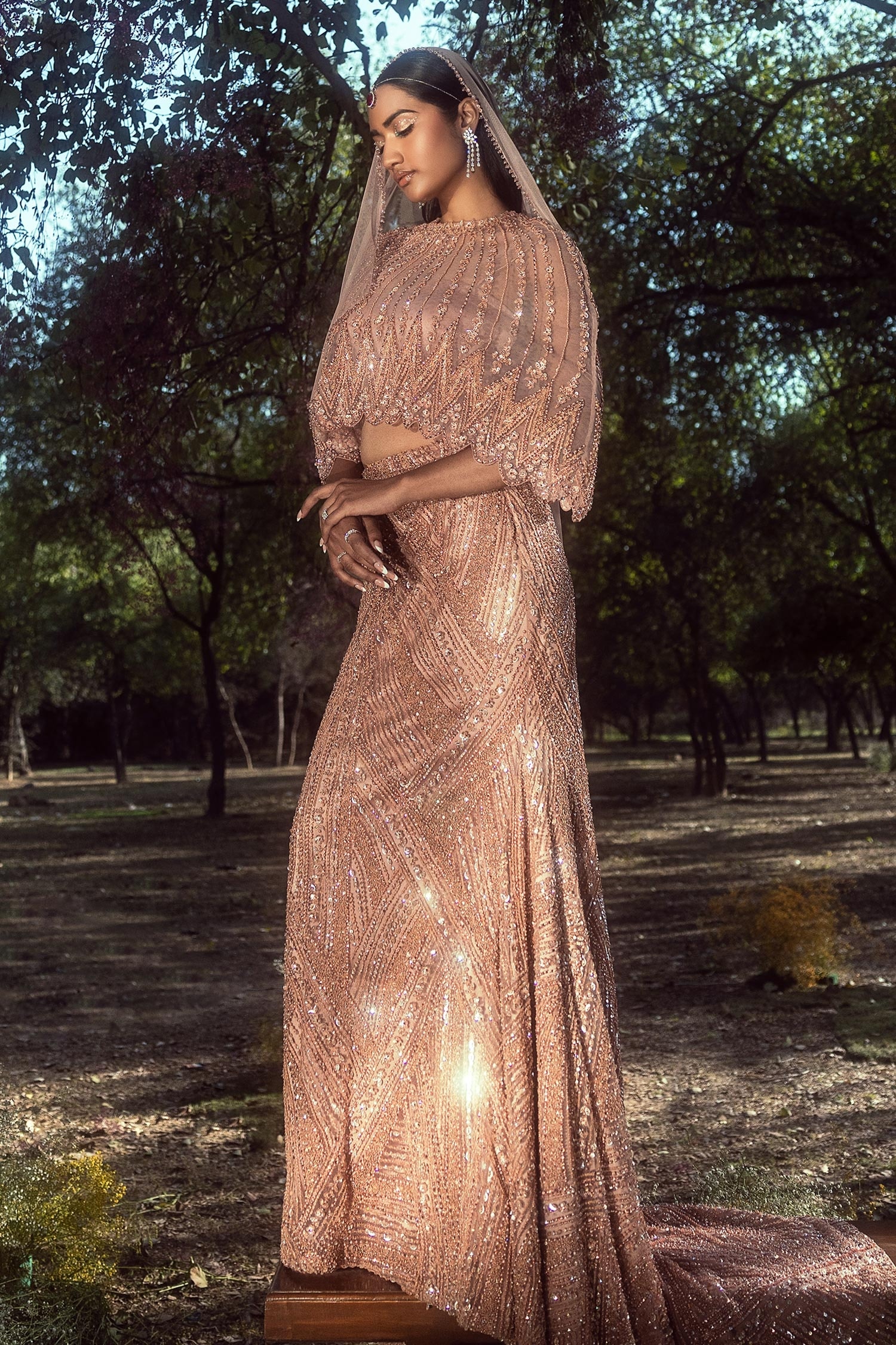 Nitika Gujral Peach Cape Embroidered Sequin Cape: Round And Crystal Skirt & Veil Set For Women