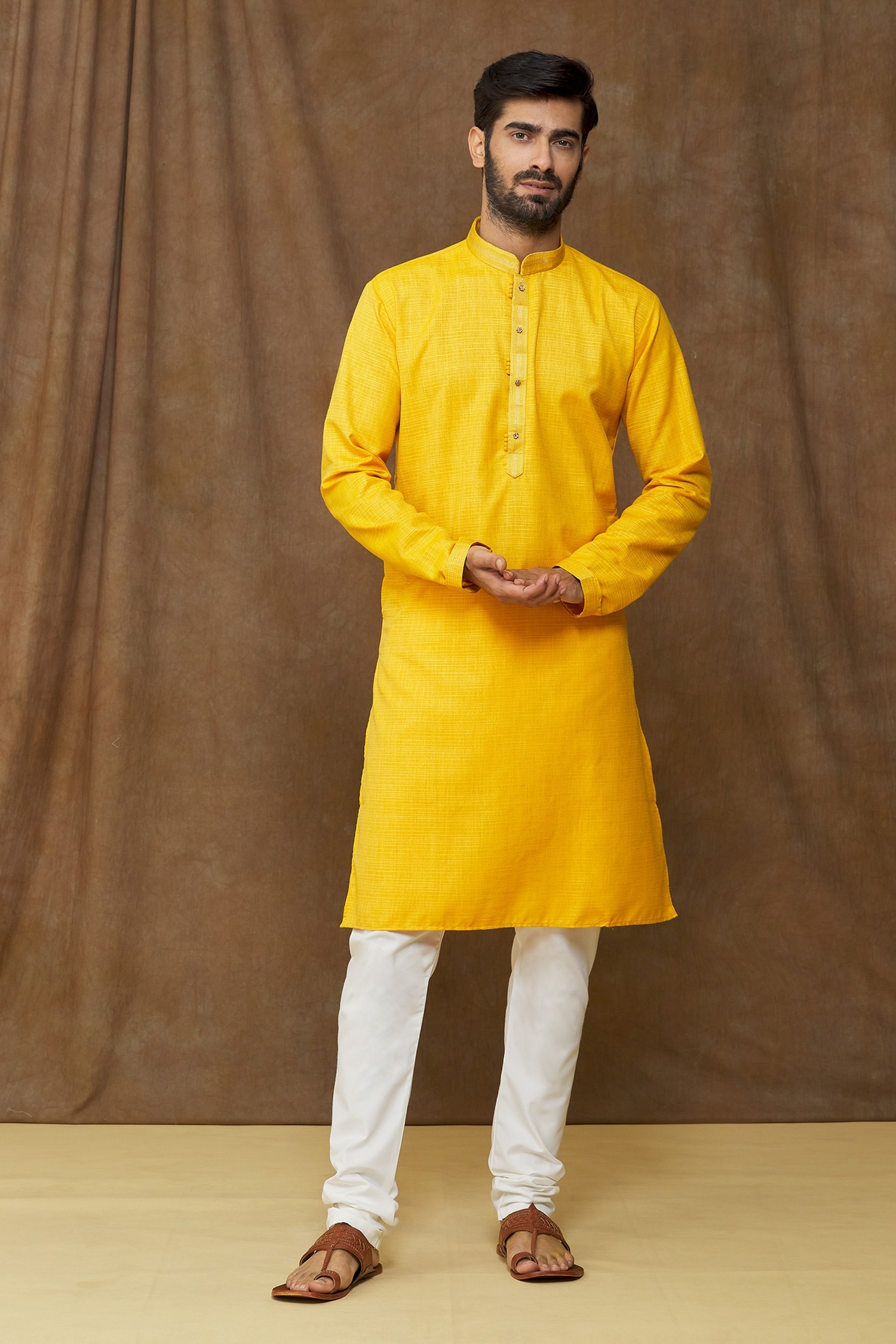 Samyukta Singhania Yellow Kurta: Linen Cotton Plain Bright Straight Set For Men