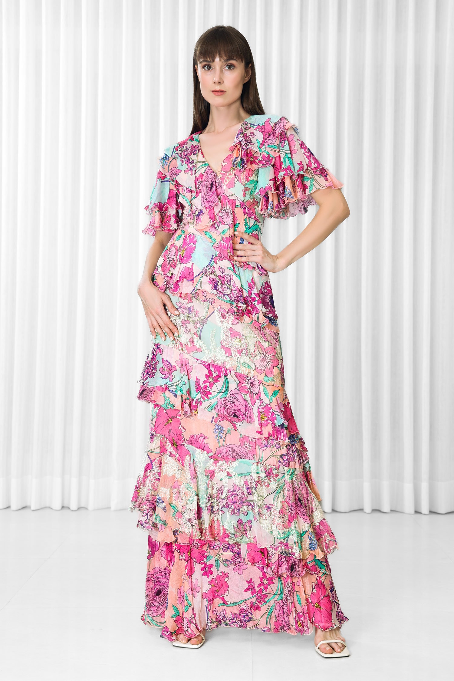 Buy Purple Chiffon Printed Hibiscus V Neck Ruffle Gown For Women by ...