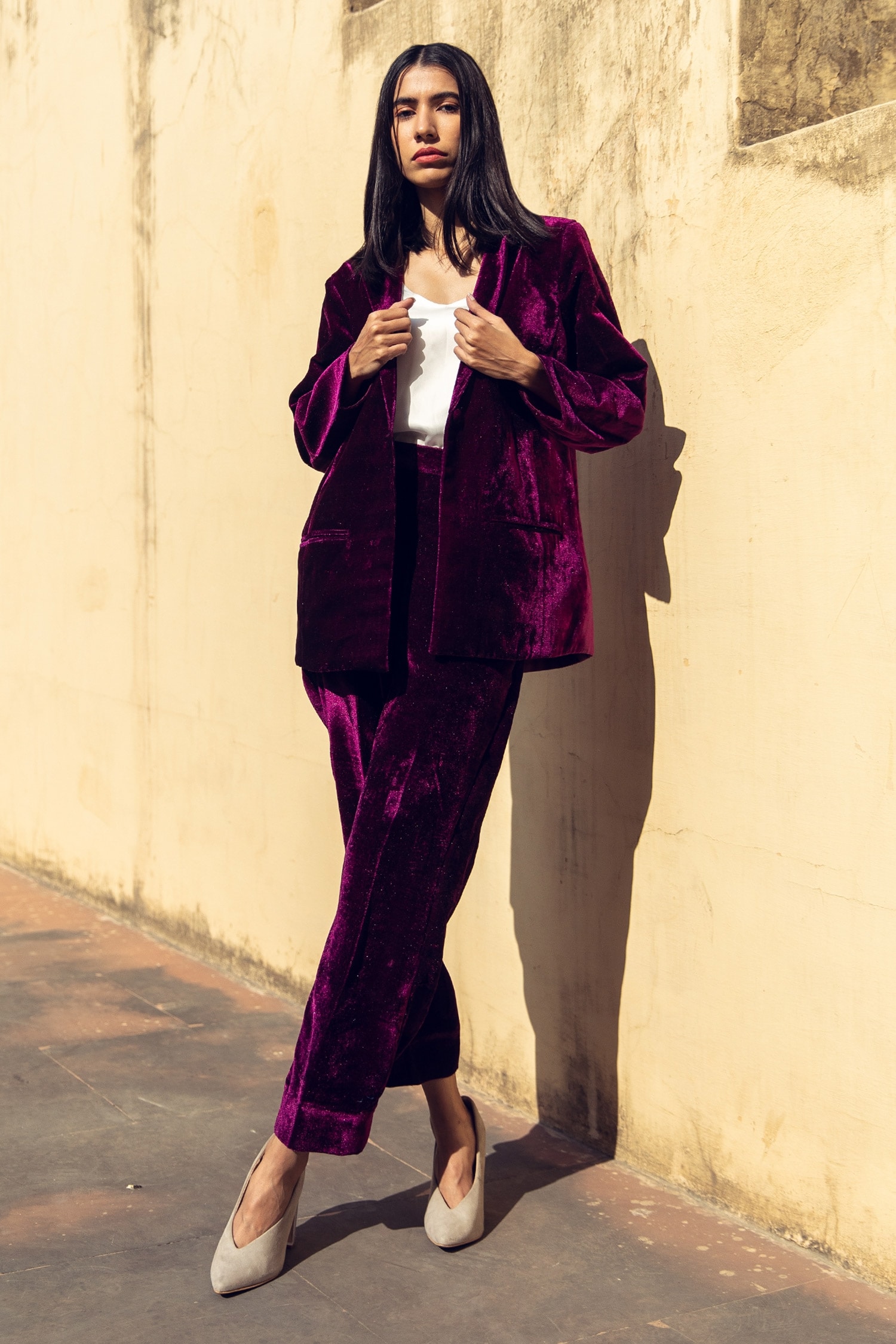 Buy Purple Velvet Solid Notched Lapel Karla Coat And Pant Set For Women
