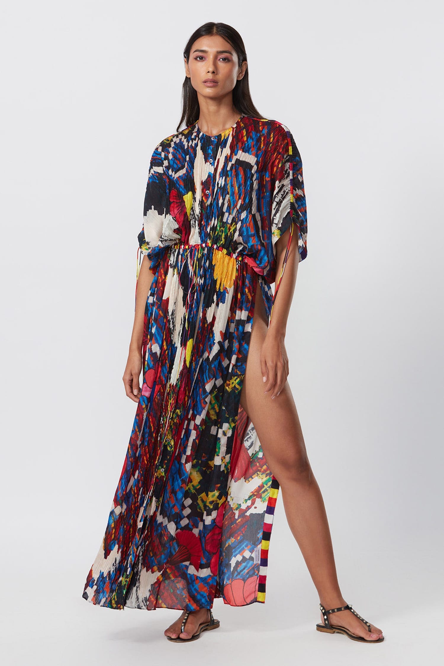 Buy Multi Color Cotton Silk Print Abstract Cluster Round Neck Kaftan ...