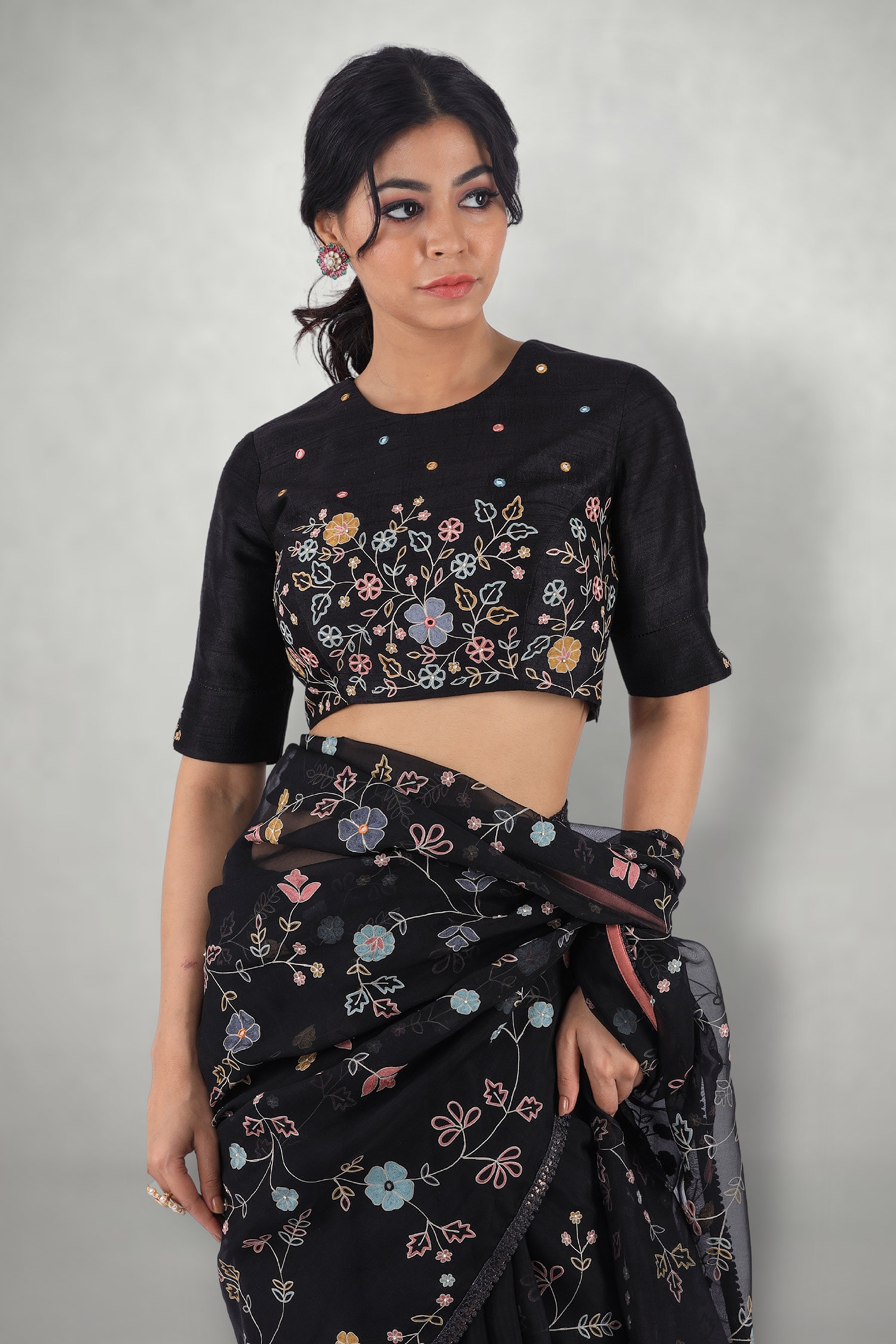 Shimai Jayachandra - Black Degummed Raw Silk Embroidery Floral Round Neck  Blouse For Women