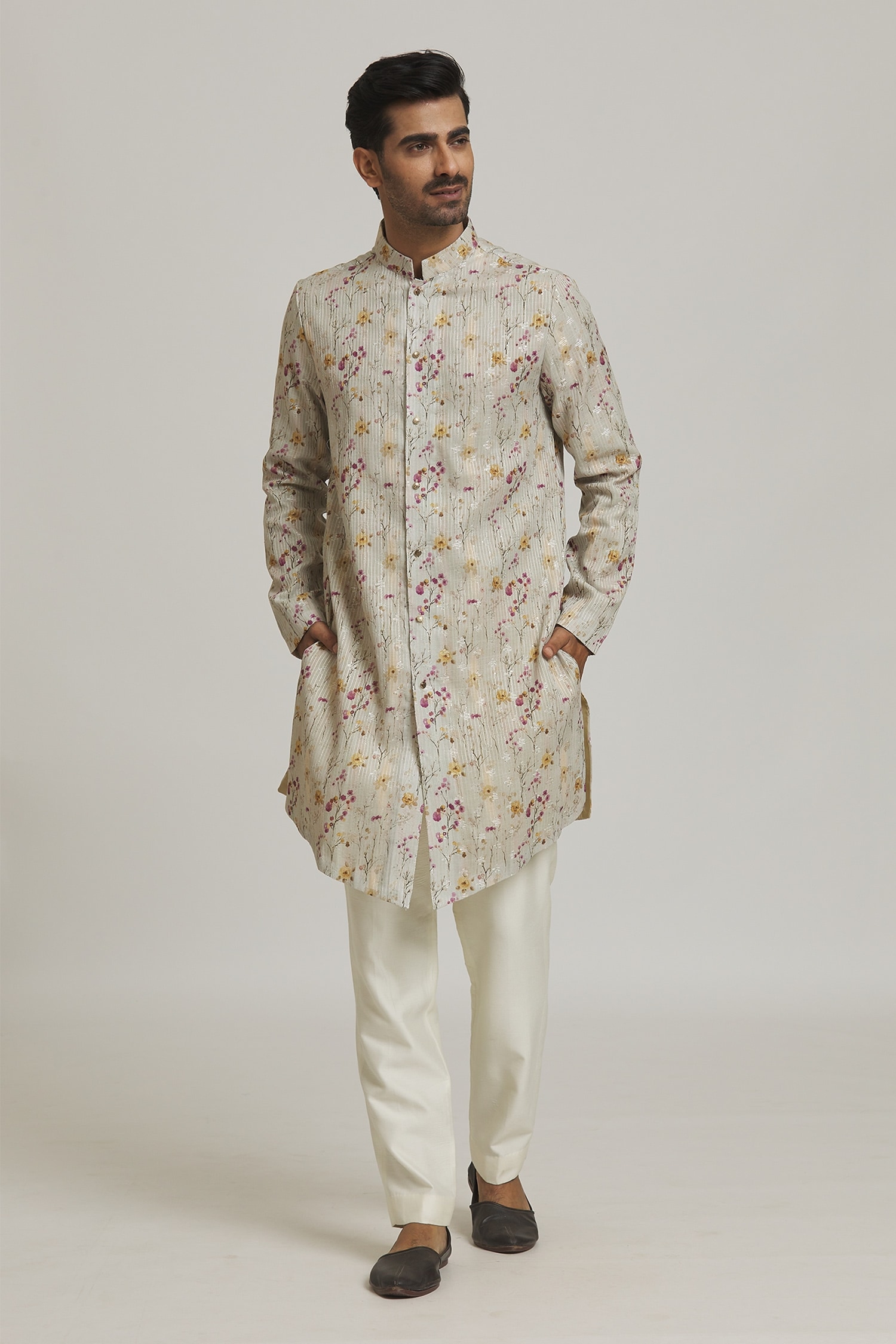 Nero by Shaifali and Satya Ivory Cotton Printed Floral Kurta And Aligadi Pant Set For Men