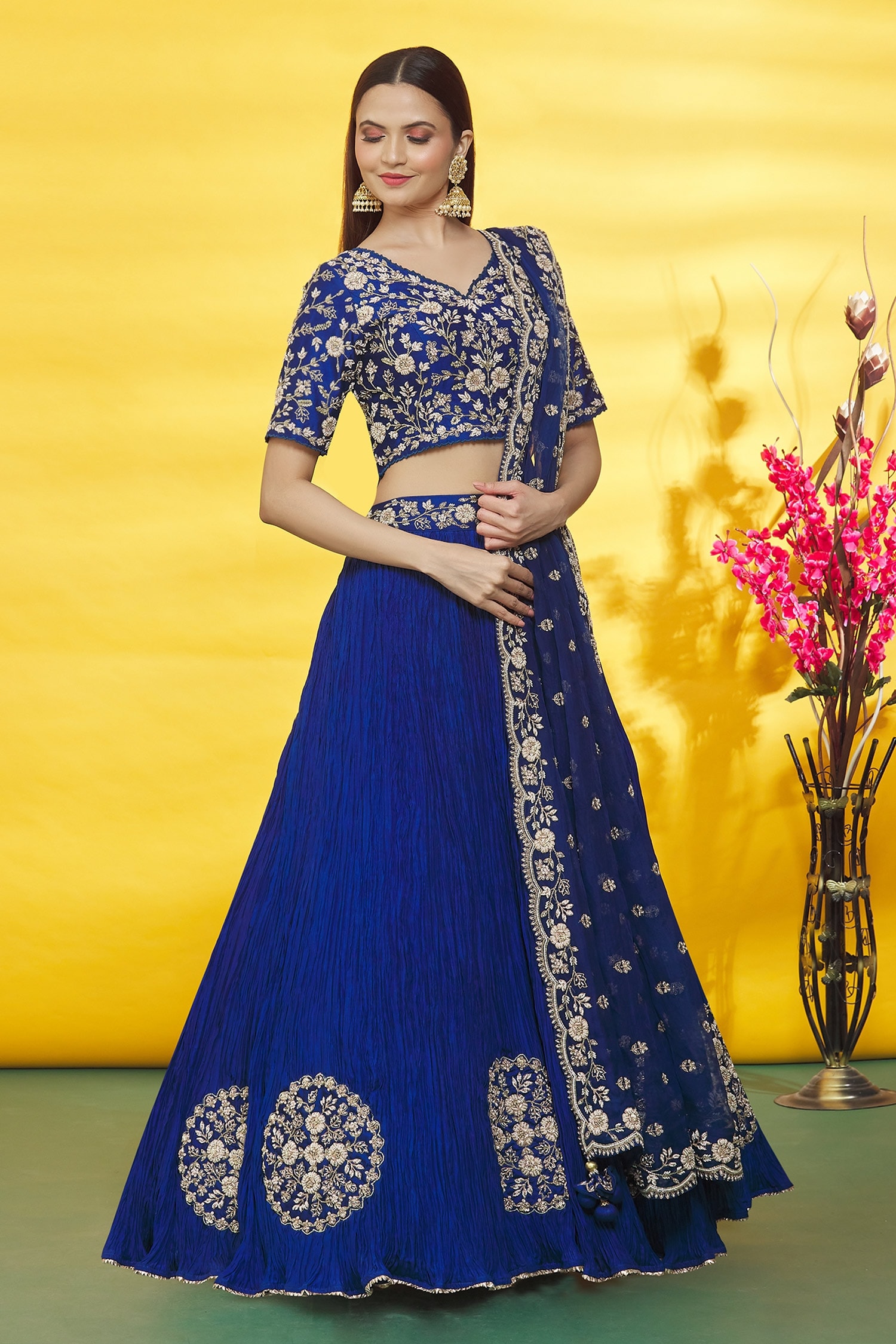 Buy Blue Pure Silk Embroidery Floral Leaf Neck Border Lehenga Set For ...