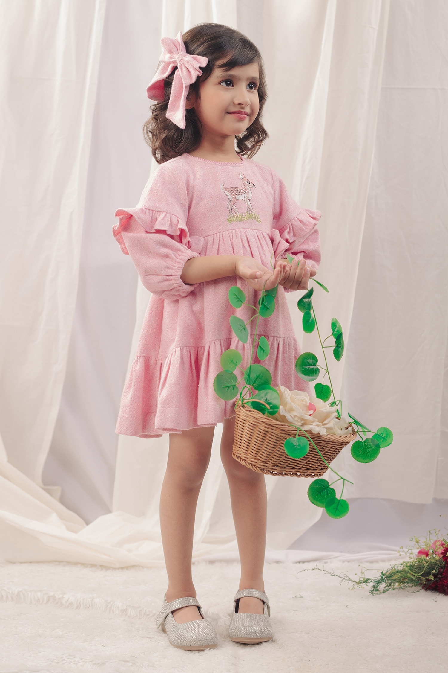 Buy Pink Cotton Flannel Embroidered Deer Madelyn Dress For Girls