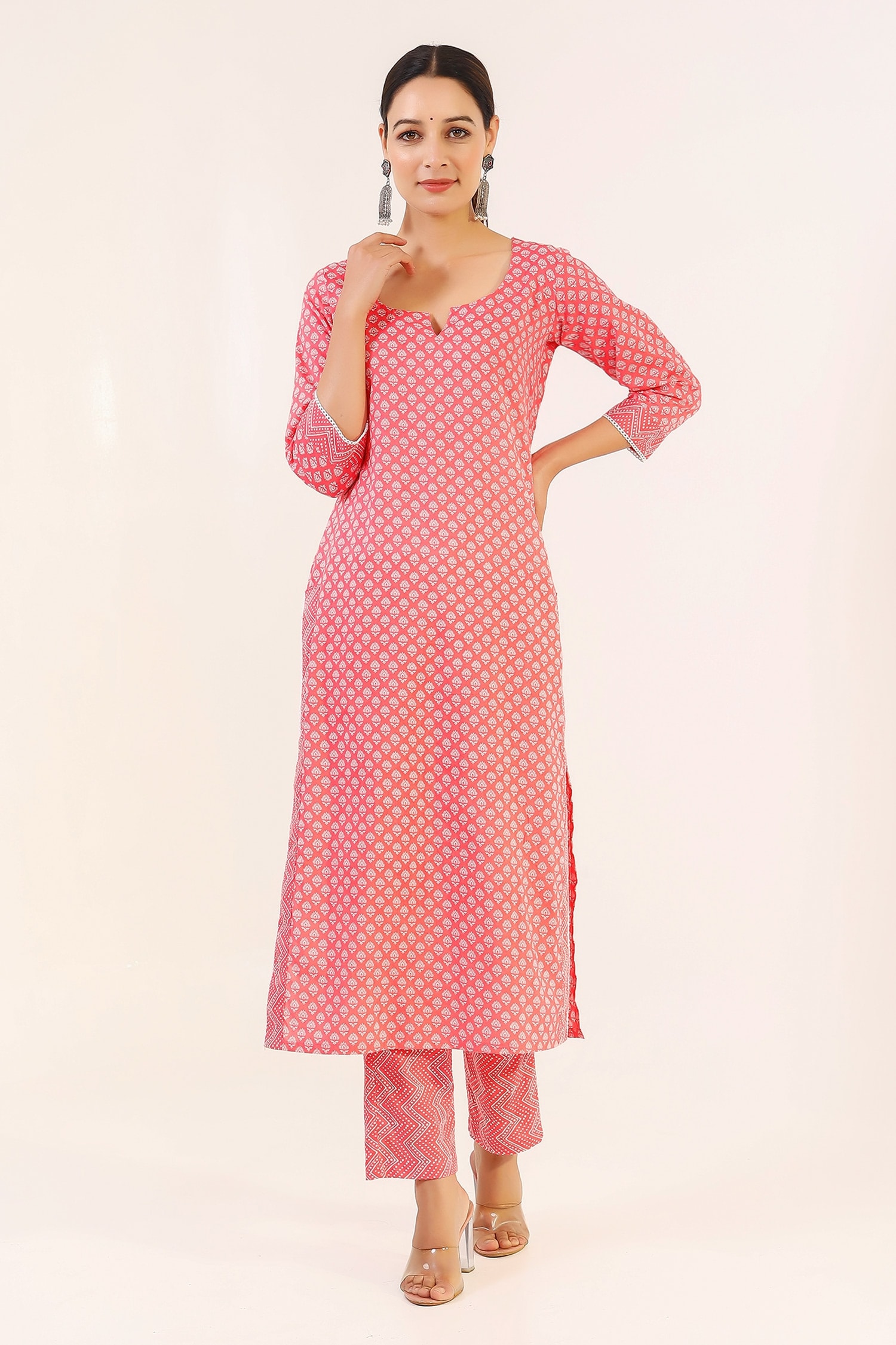 Pheeta Peach Cotton Hand Printed Floral Notched Kurta And Pant Set For Women