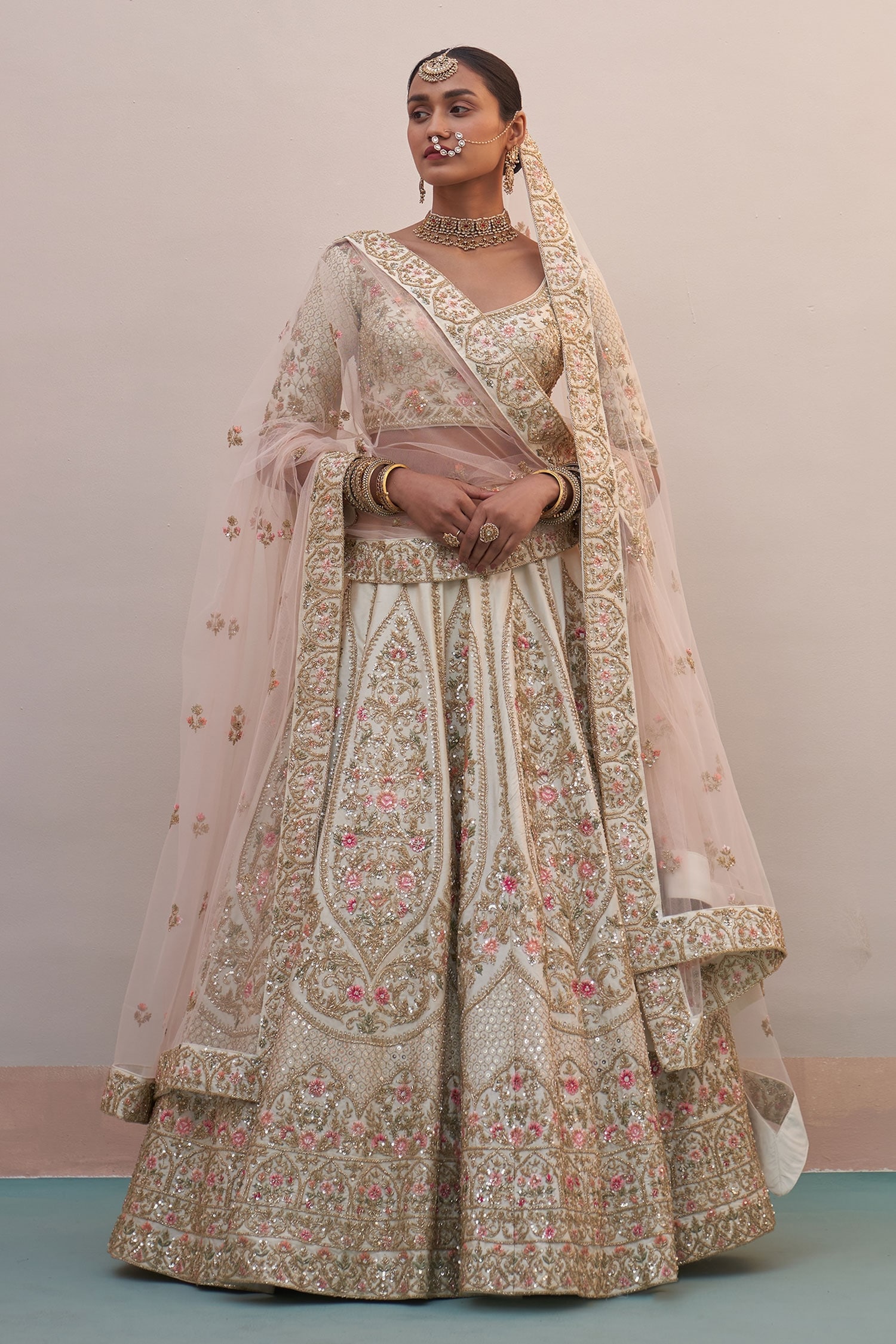 Buy Ivory Raw Silk Embroidered Zardozi Plunge Neck Floral Bridal