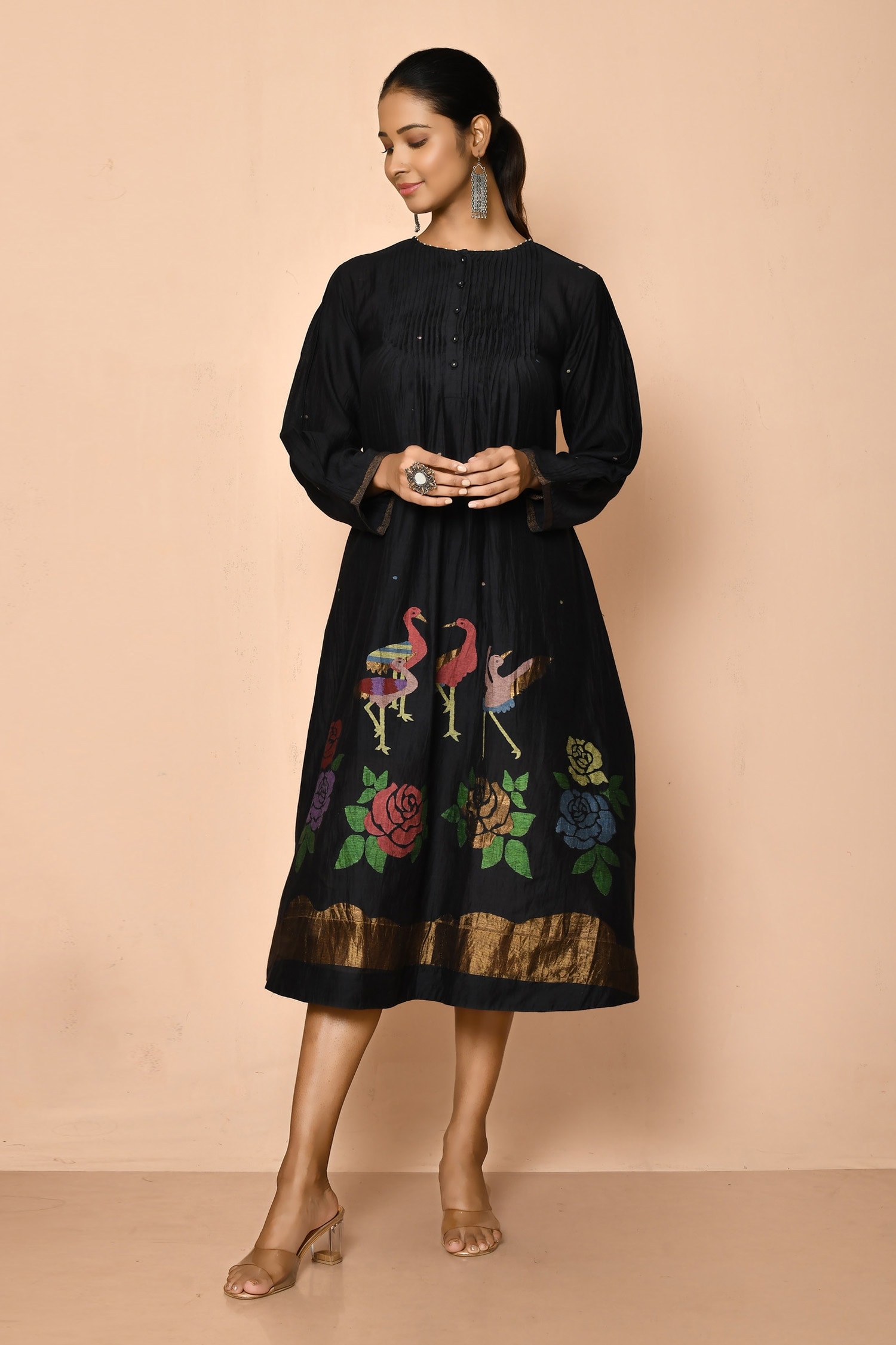 Buy Black Cotton Silk Woven Floral Round Jamdani Placement Kurta For