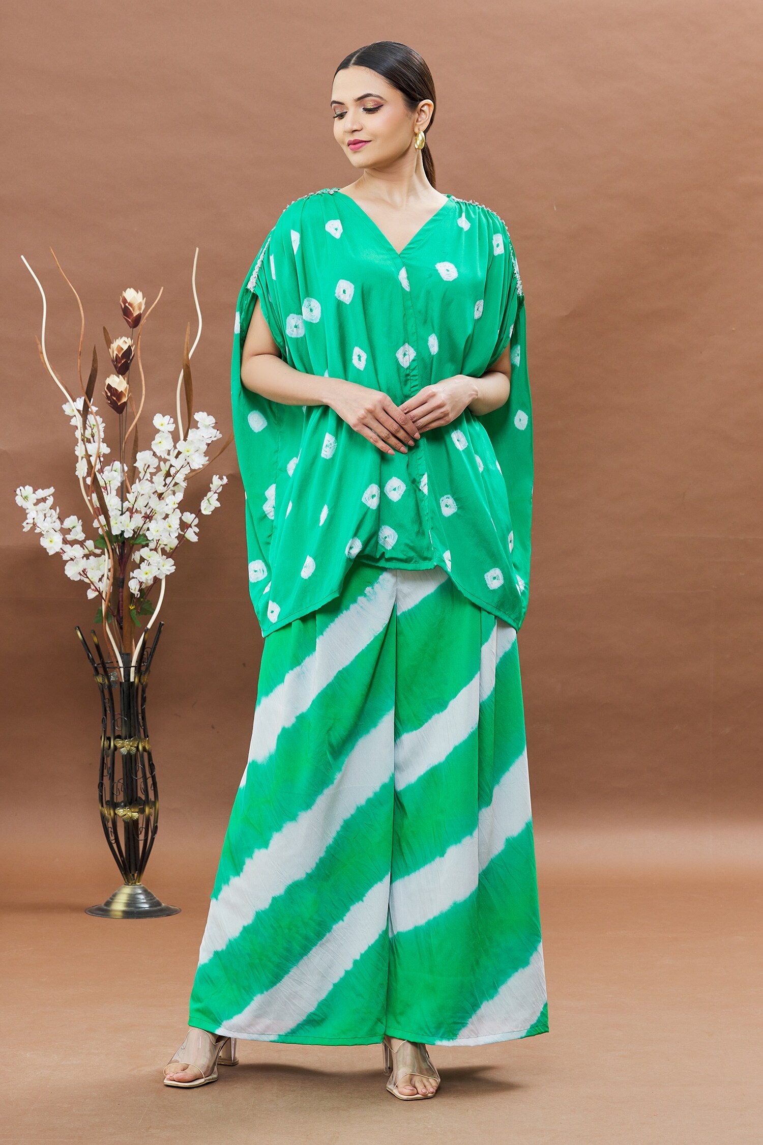 Buy Green Crepe Batik And Leheriya Pattern V Neck Top & Pant Set For