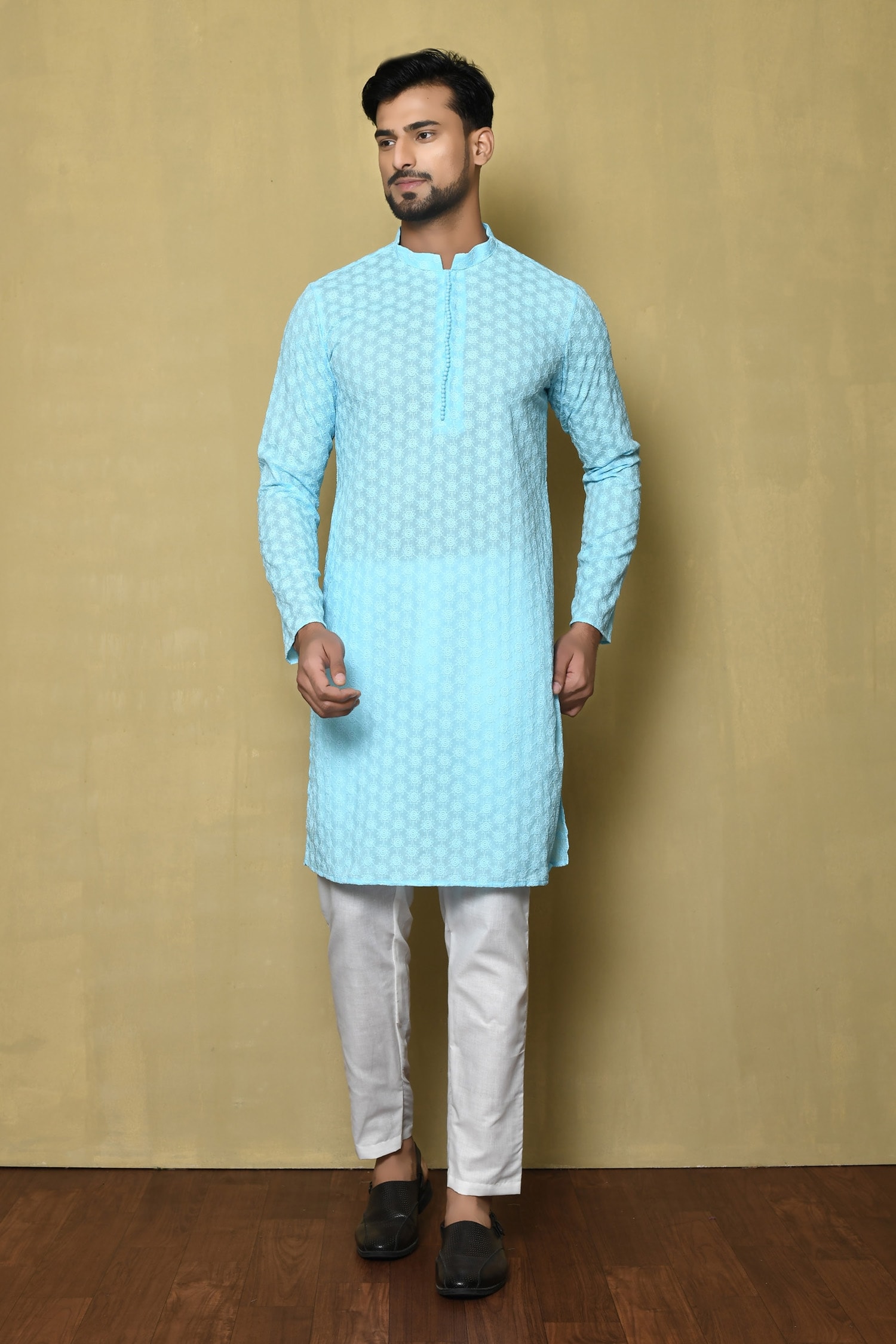 Buy Blue Silk Blend Embroidery Chikankari Star Kurta With Pant For Men by  Naintara Bajaj Online at Aza Fashions.