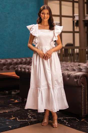 Elegant Flutter Sleeves Square Chiffon Dresses With Slit Peacock