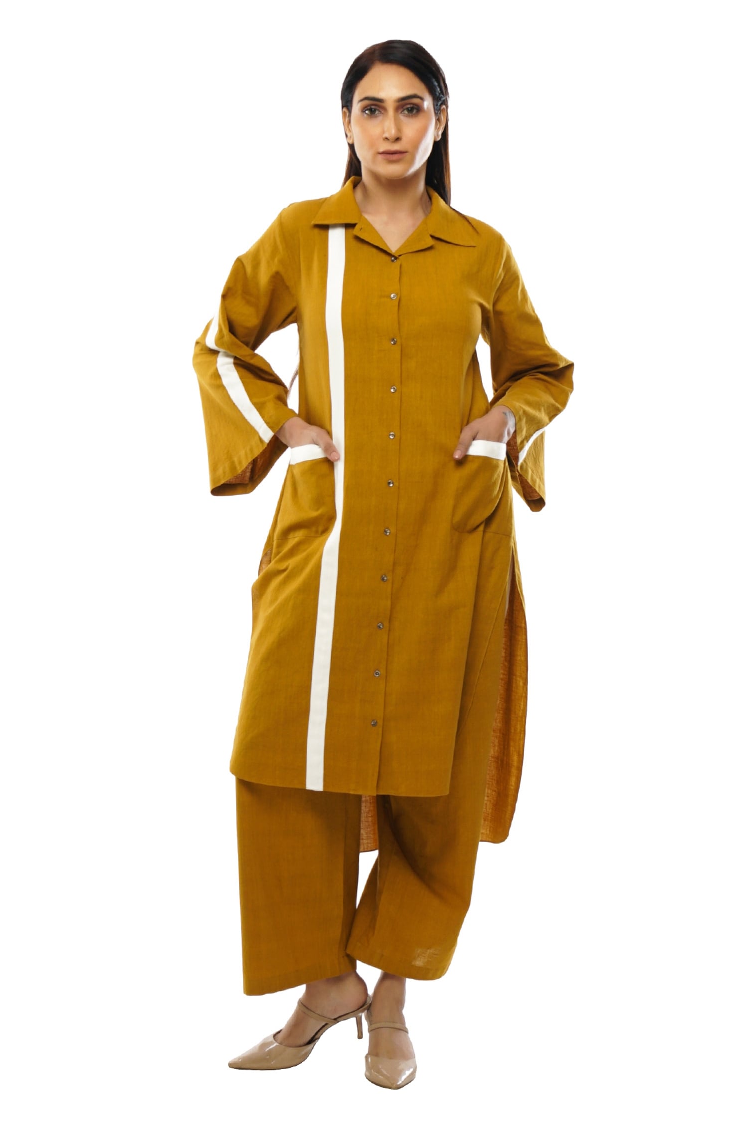 Buy KHAT Yellow Notched Collar Handloom Cotton Kurta And Palazzo Set