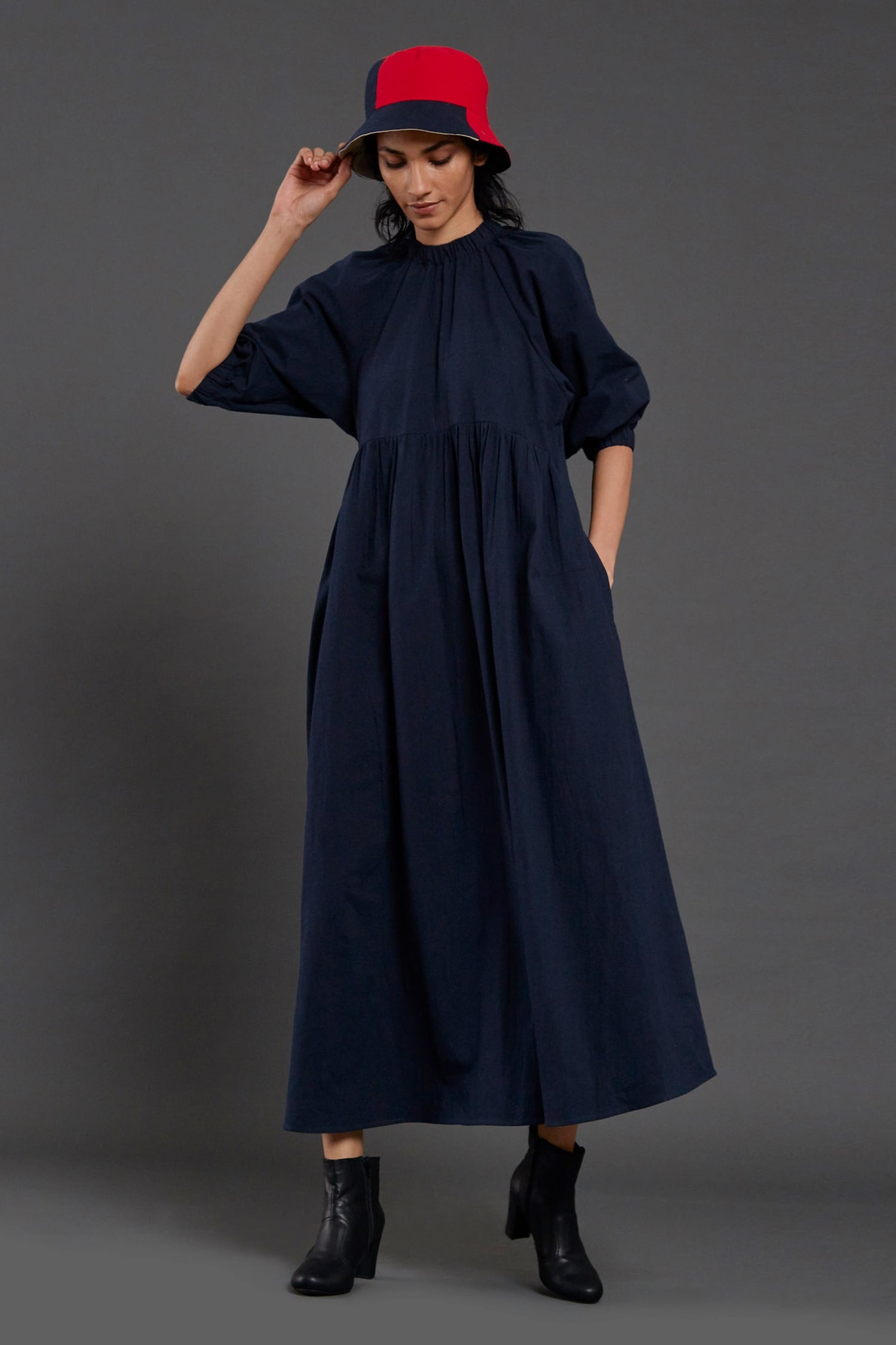 Buy Mati Blue Cotton Raglan Balloon Sleeve Dress Online | Aza Fashions