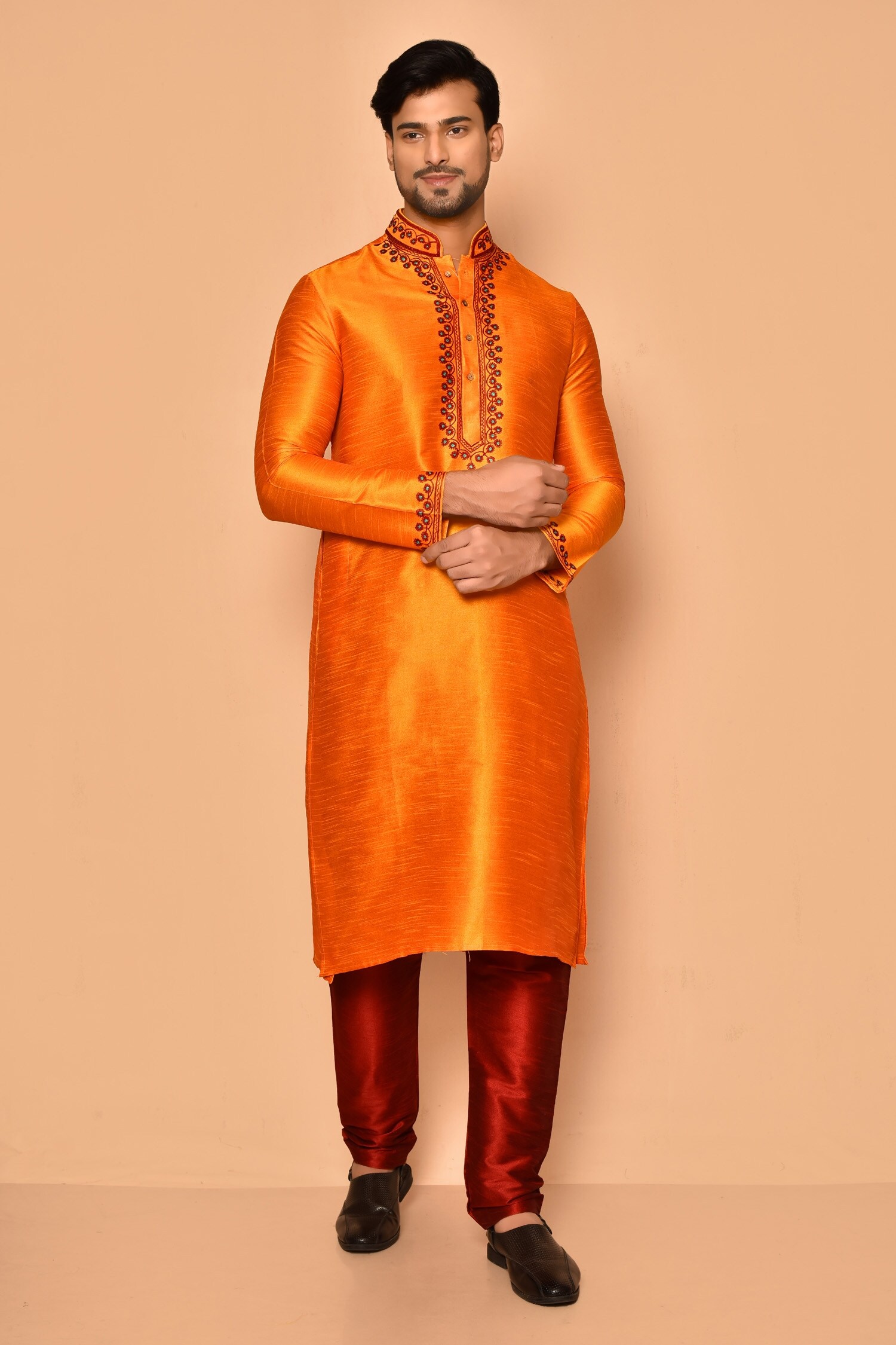 Buy Aryavir Malhotra Orange Art Silk Embroidered Floral Placket Kurta Churidar Set Online Aza