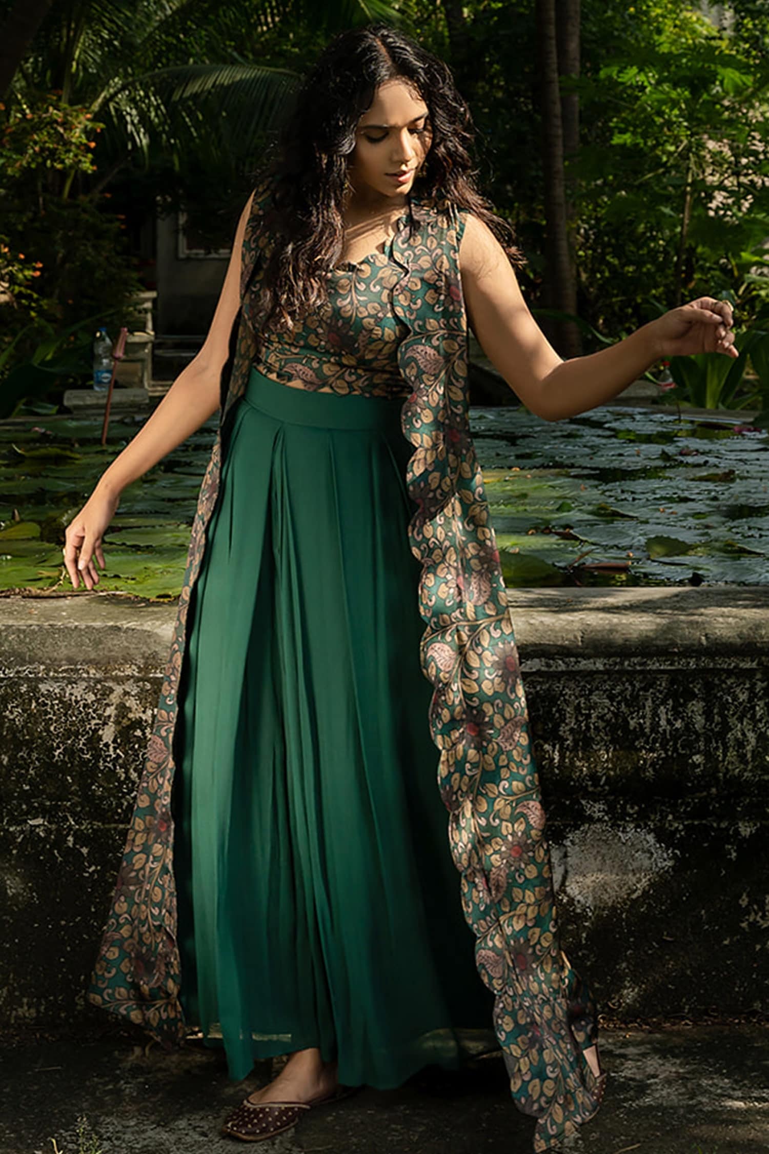 Amrin khan Green Modal Satin And Georgette Floral Long Jacket And Draped Skirt Set For Women