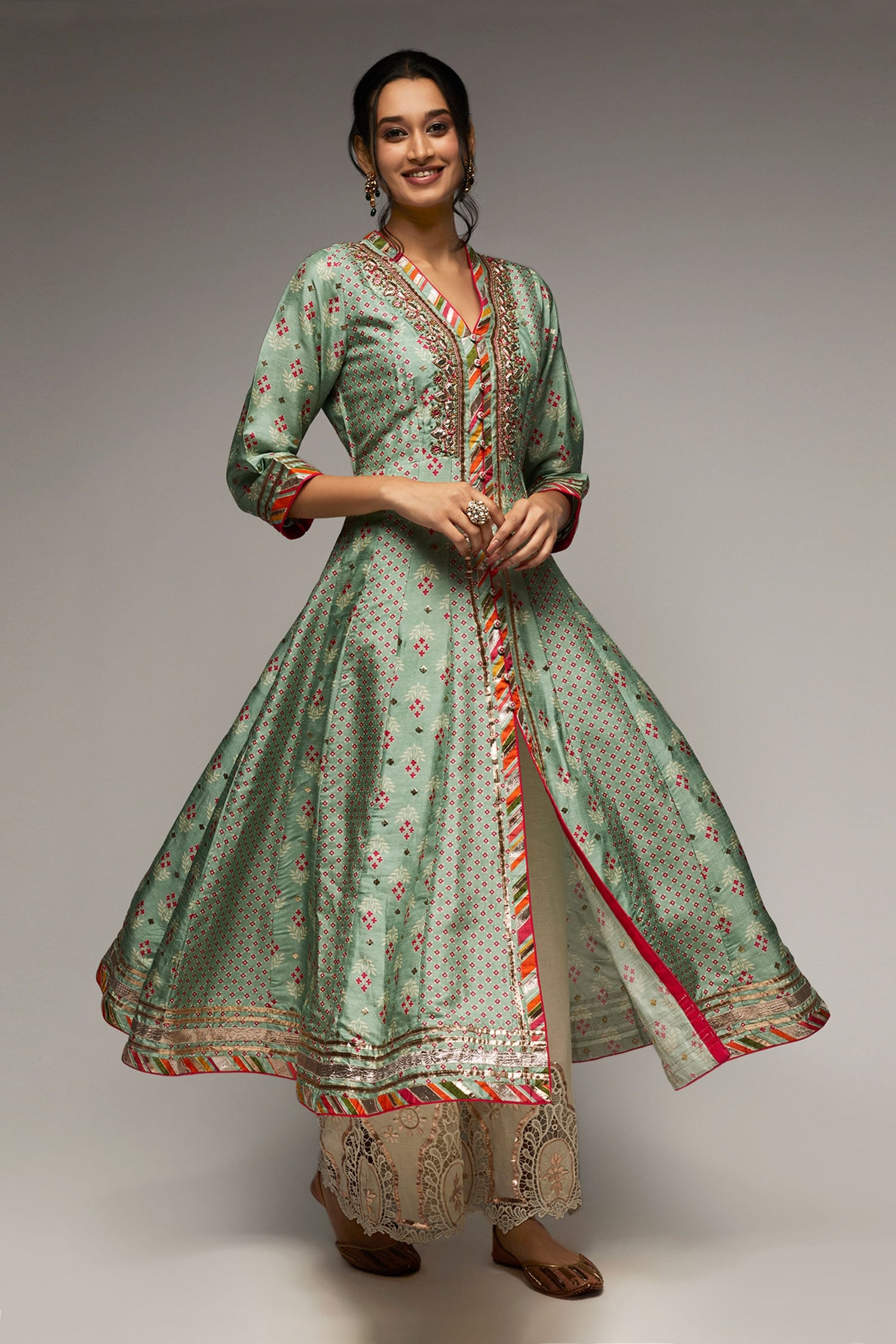 Buy Blue Anarkali Tussar Silk Printed Tilla Panelled And Palazzo Set For Women By Gopi Vaid