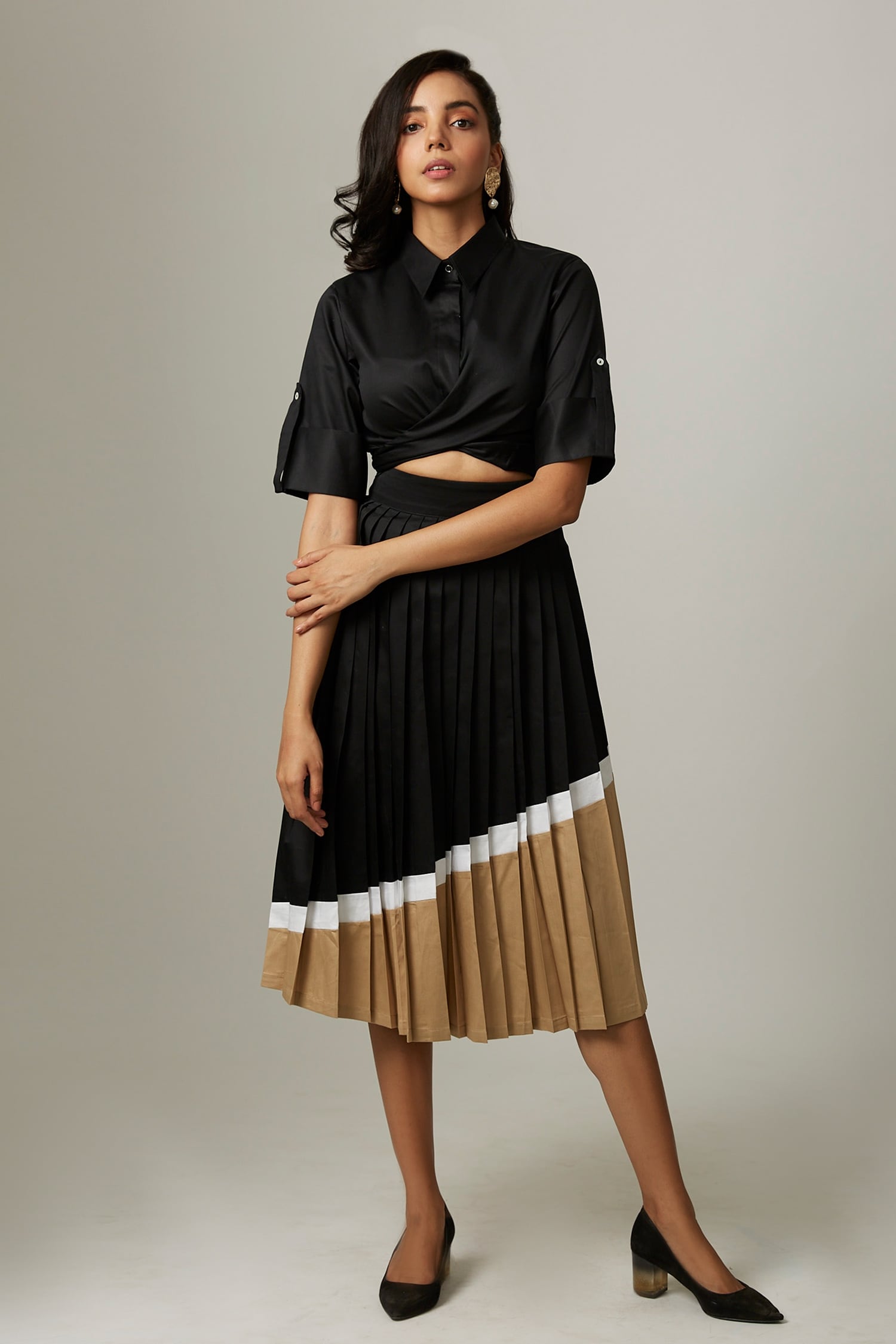 Color Blocking Plaid High Waist Corset Skirt Women Pleated Skirts