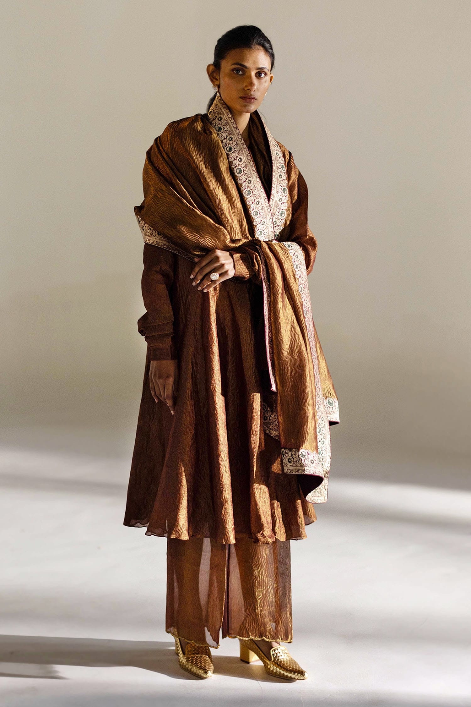 Mimamsaa Brown Lyra Tissue Silk Flared Kurta Pant Set