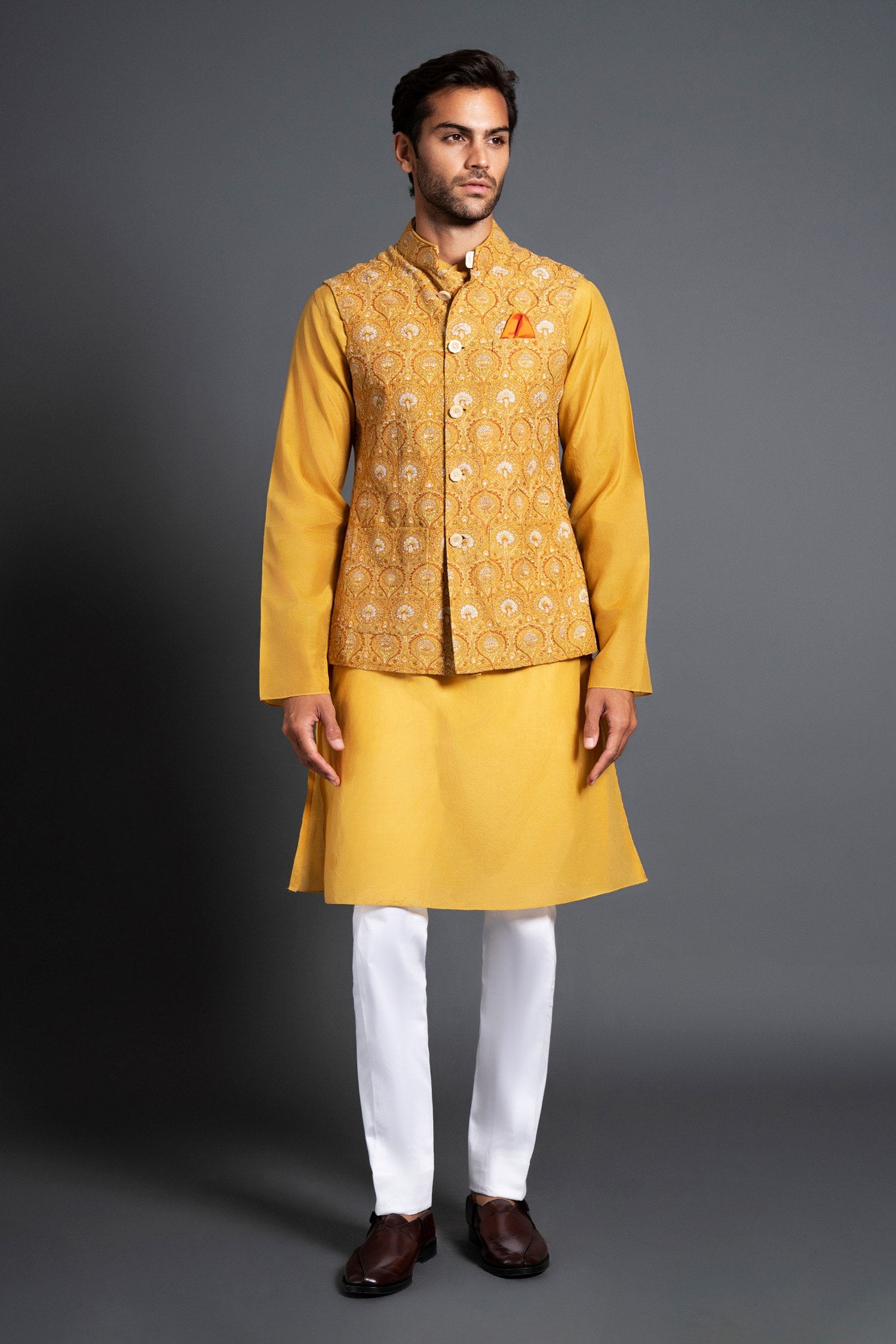 Raghavendra Rathore Jodhpur Yellow Silk Embroidered Jharokha Waistcoat For Men