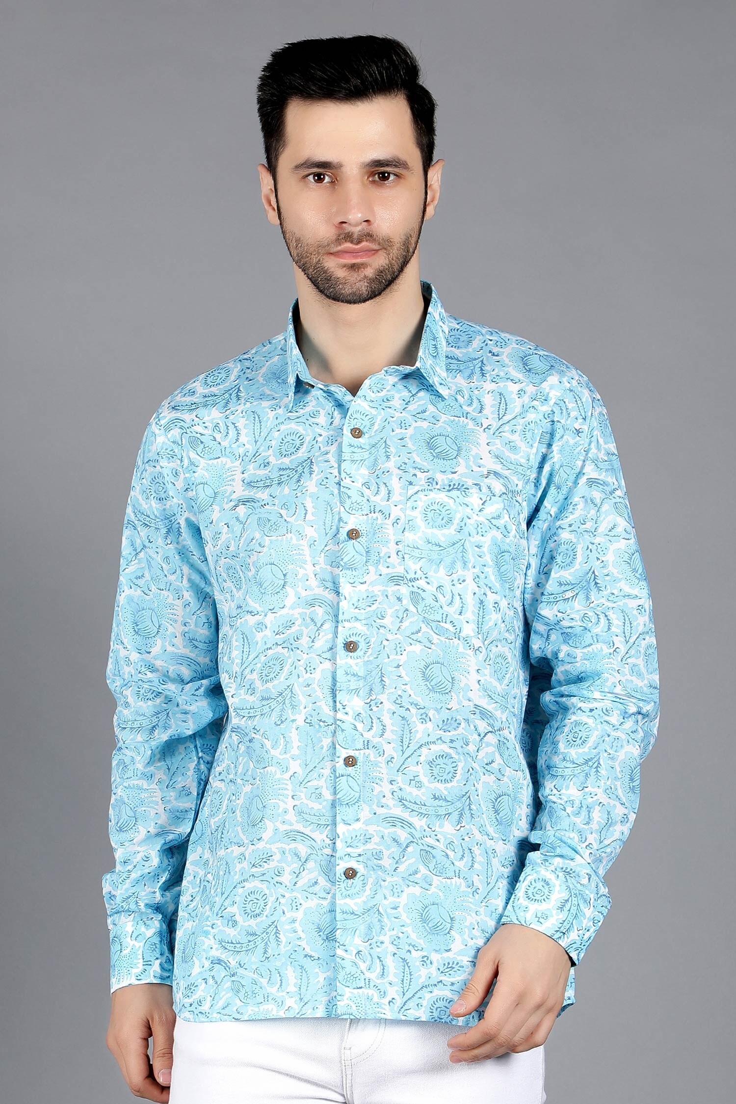 Buy Kalp Blue Cotton Capella Floral Block Print Shirt Online Aza Fashions