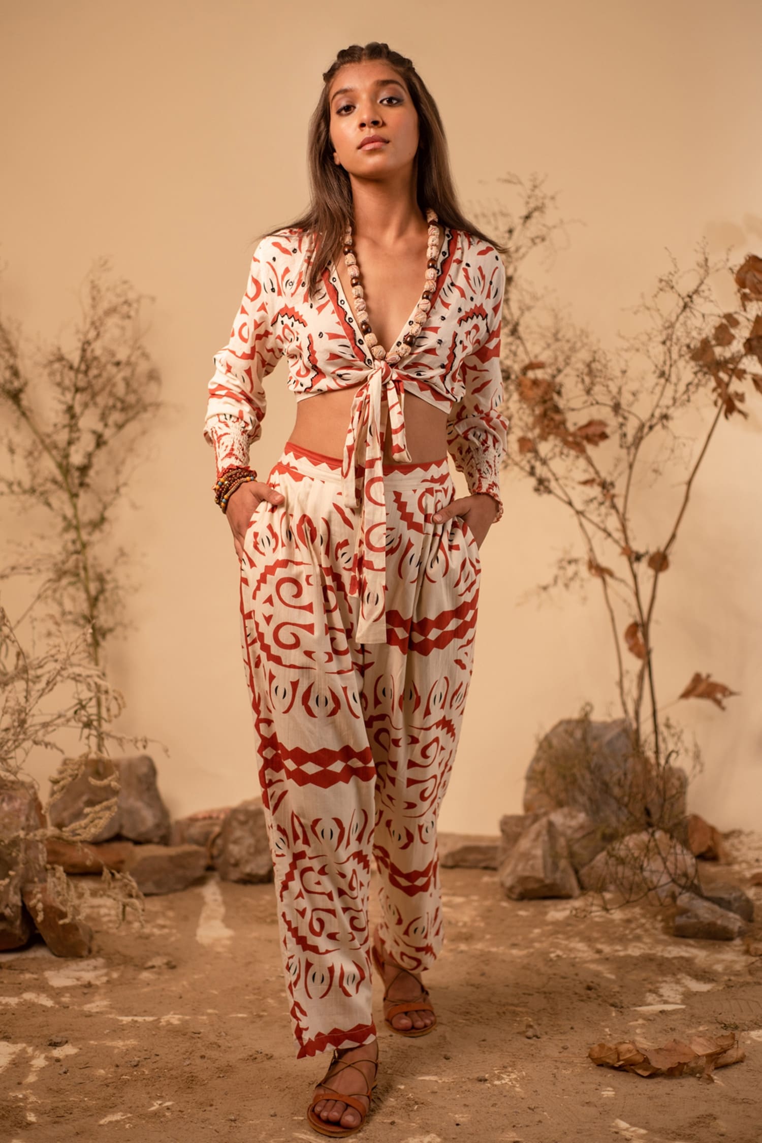 Label Reyya Beige Cotton Printed Top And Pant Set