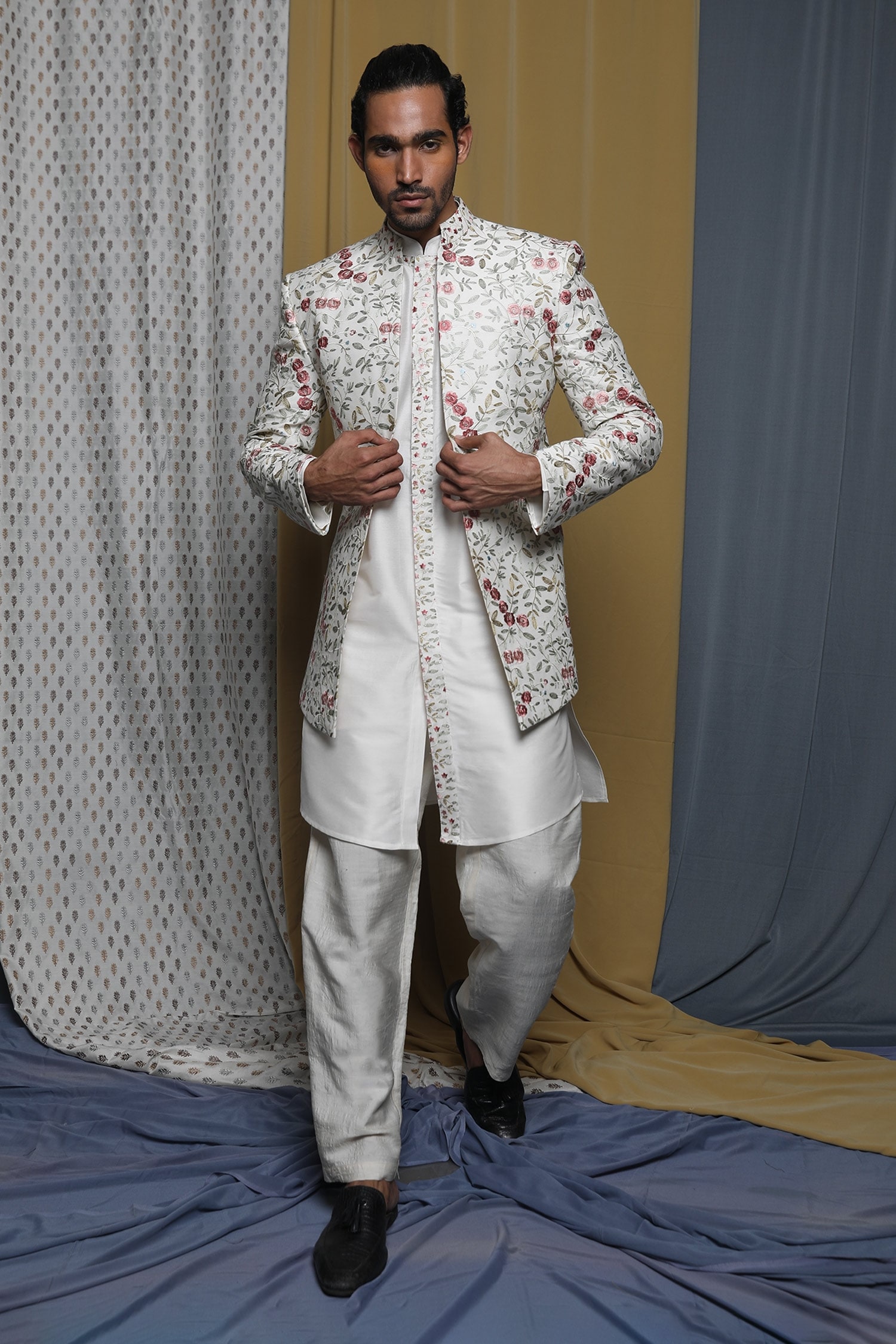 Buy Off White Cotton Viscose Embroidered Floral Sherwani Set For Men by ...