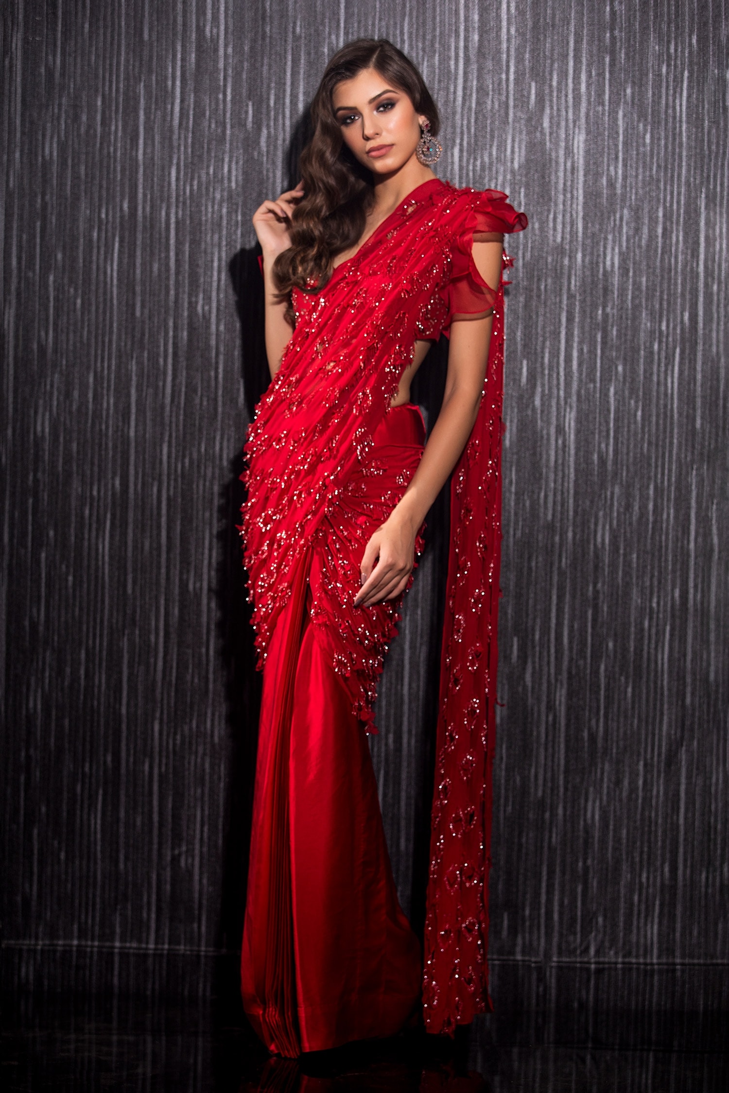 Shilpi Gupta - Red Saree Flat Chiffon Hand Embroidered Pre-draped With  Blouse For Women