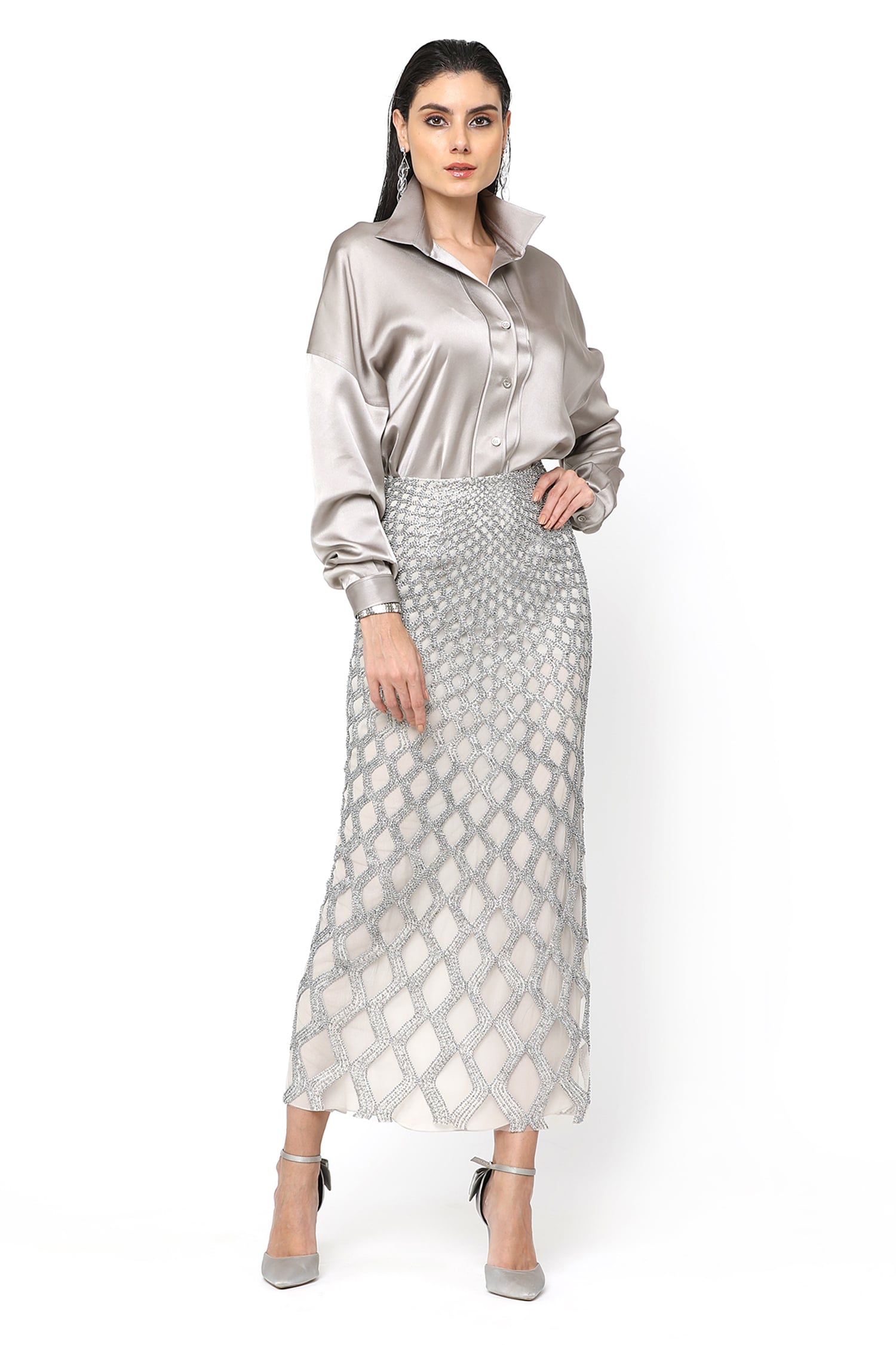 Buy Rohit Gandhi Rahul Khanna Silver Satin Florin Cutwork Skirt Online Aza Fashions 1519