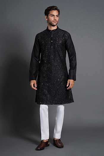 Buy Black Silk Embroidered Chikankari And Mukaish Work Kurta For Men by ...