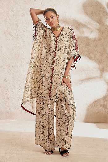 Women Beige Multi Colour Zig-Zac Printed Kaftan With Tie-Ups main image 1
