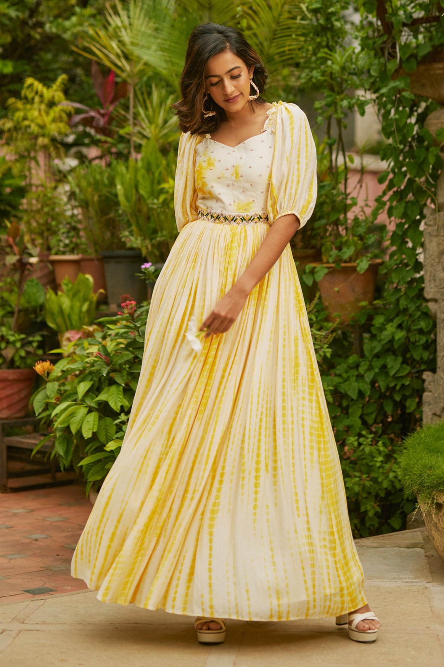 Beautiful lime yellow color ankle length long frock with classy hand  embroidery work 20220318