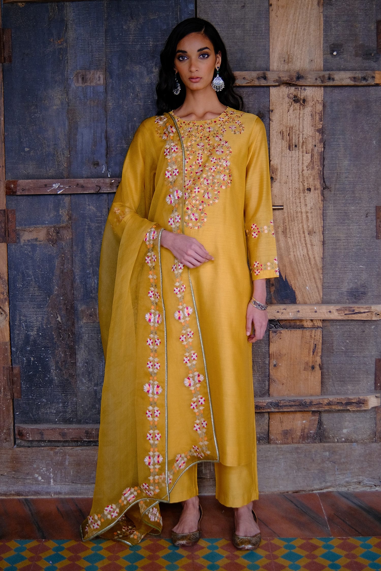 Buy Yellow Silk Chanderi Embroidered Thread Round Kurta Set For Women ...
