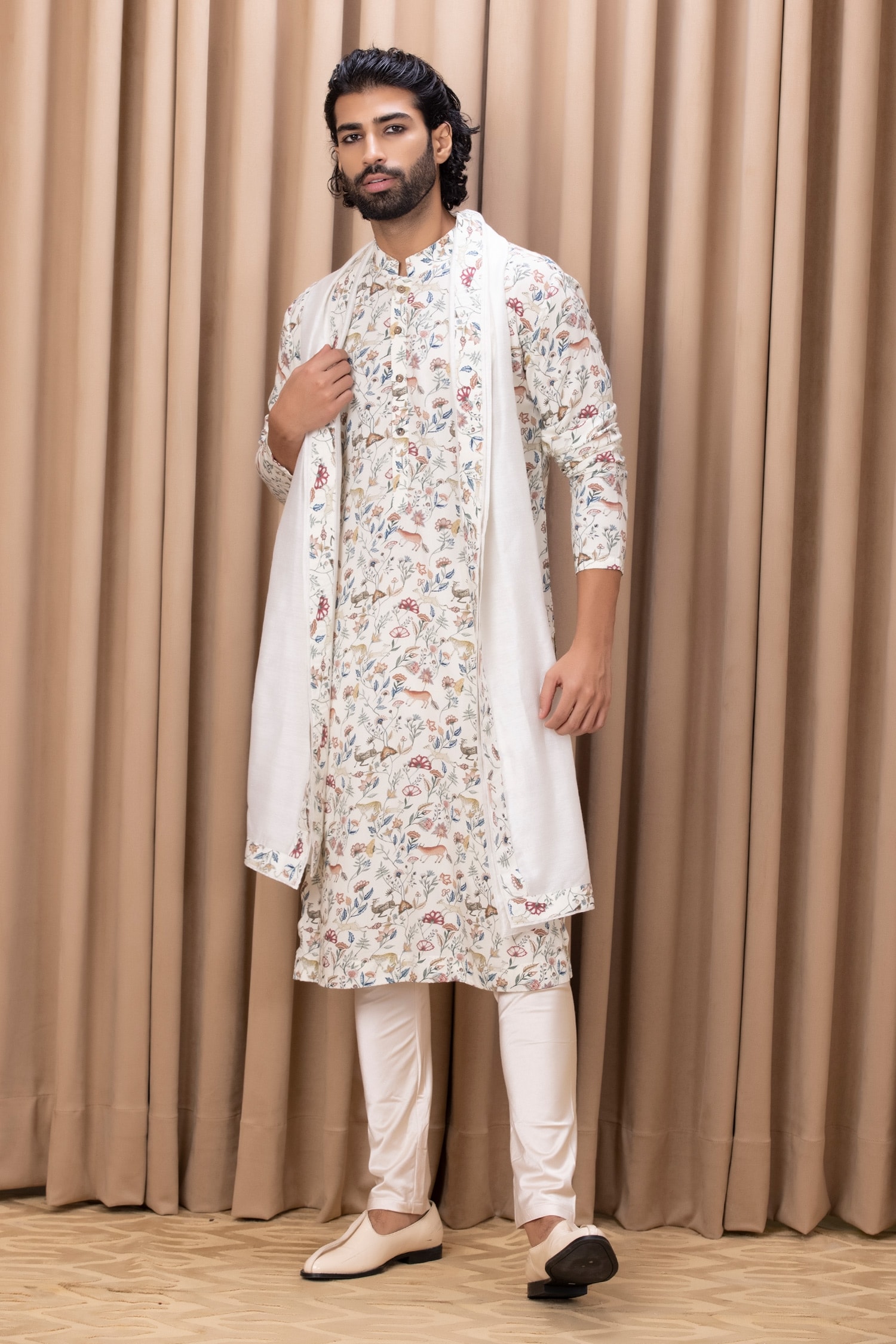 Buy Ivory Cotton And Silk Digital Print Animal Amaani Floral & Kurta Set For Men by Ankit V ...