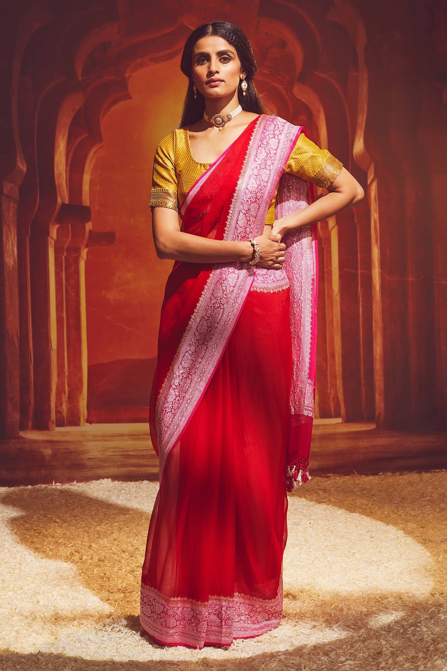 Paaprika Red Banarasi Georgette Handwoven Zari Floral Pattern Kadhua Saree For Women