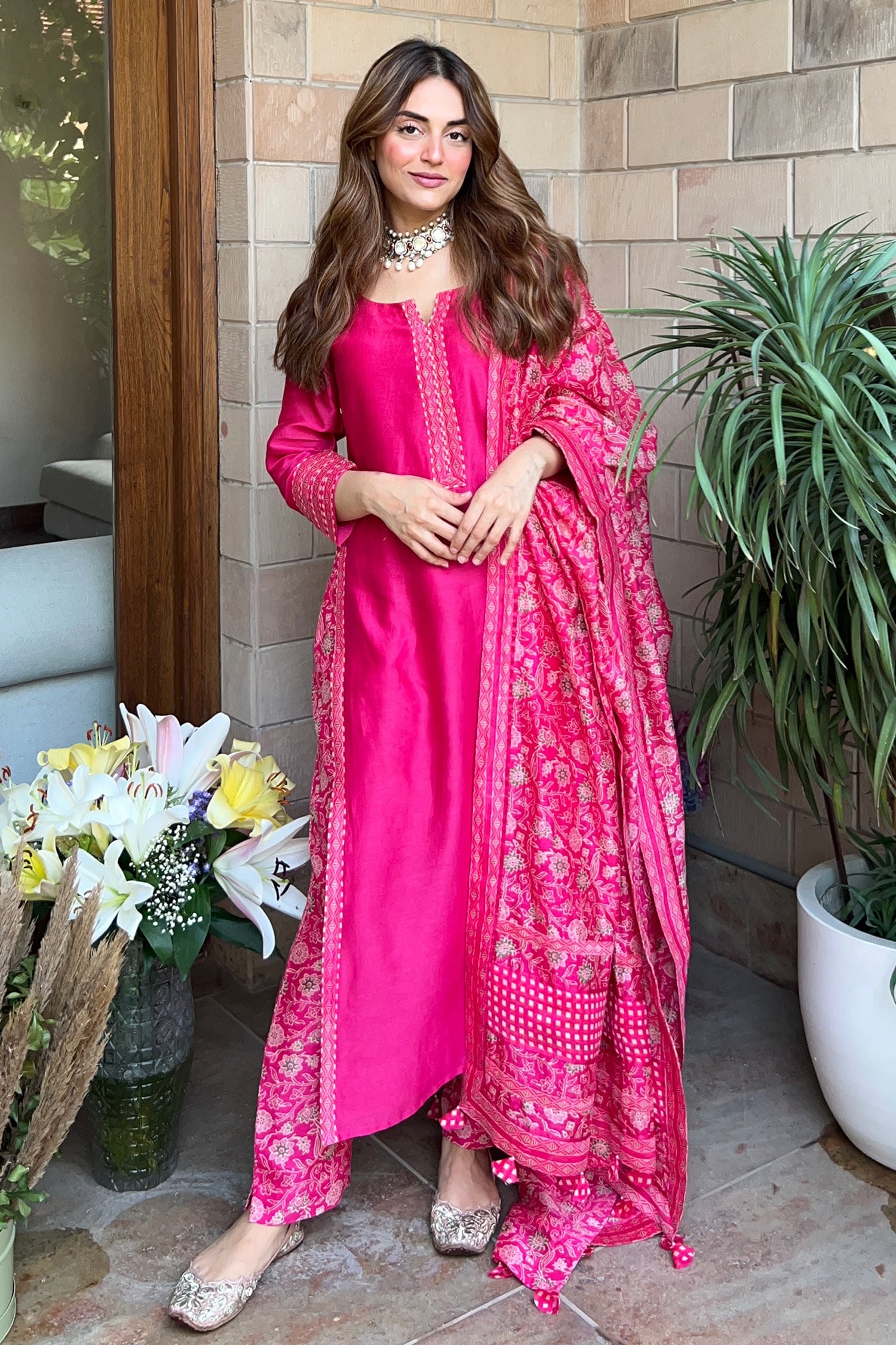 Shrutkirti Pink Chanderi Printed Floral Notched Kurta Set For Women