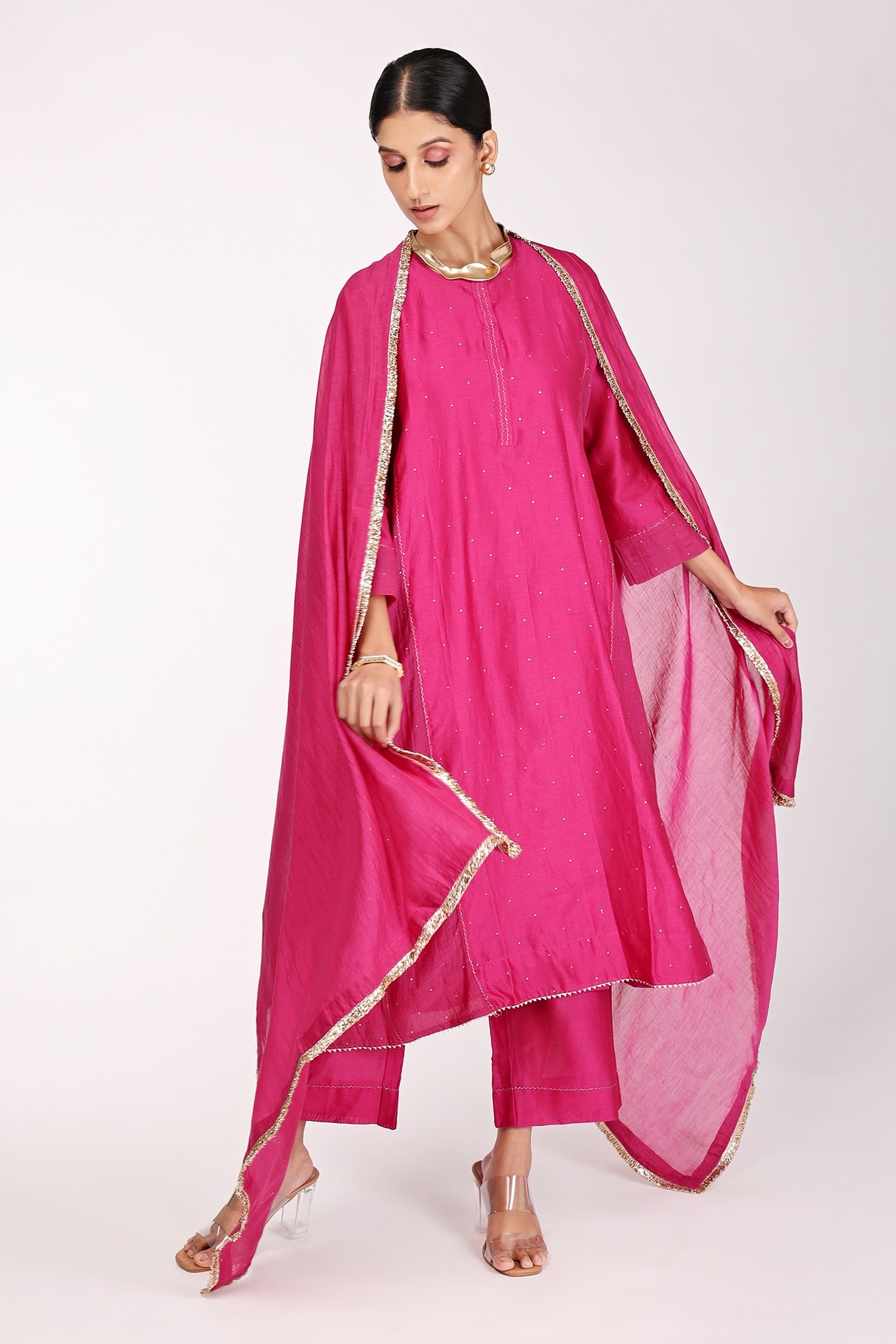 Buy Pink Chanderi Embroidered Mukaish Round Kalidar Kurta Set For Women ...