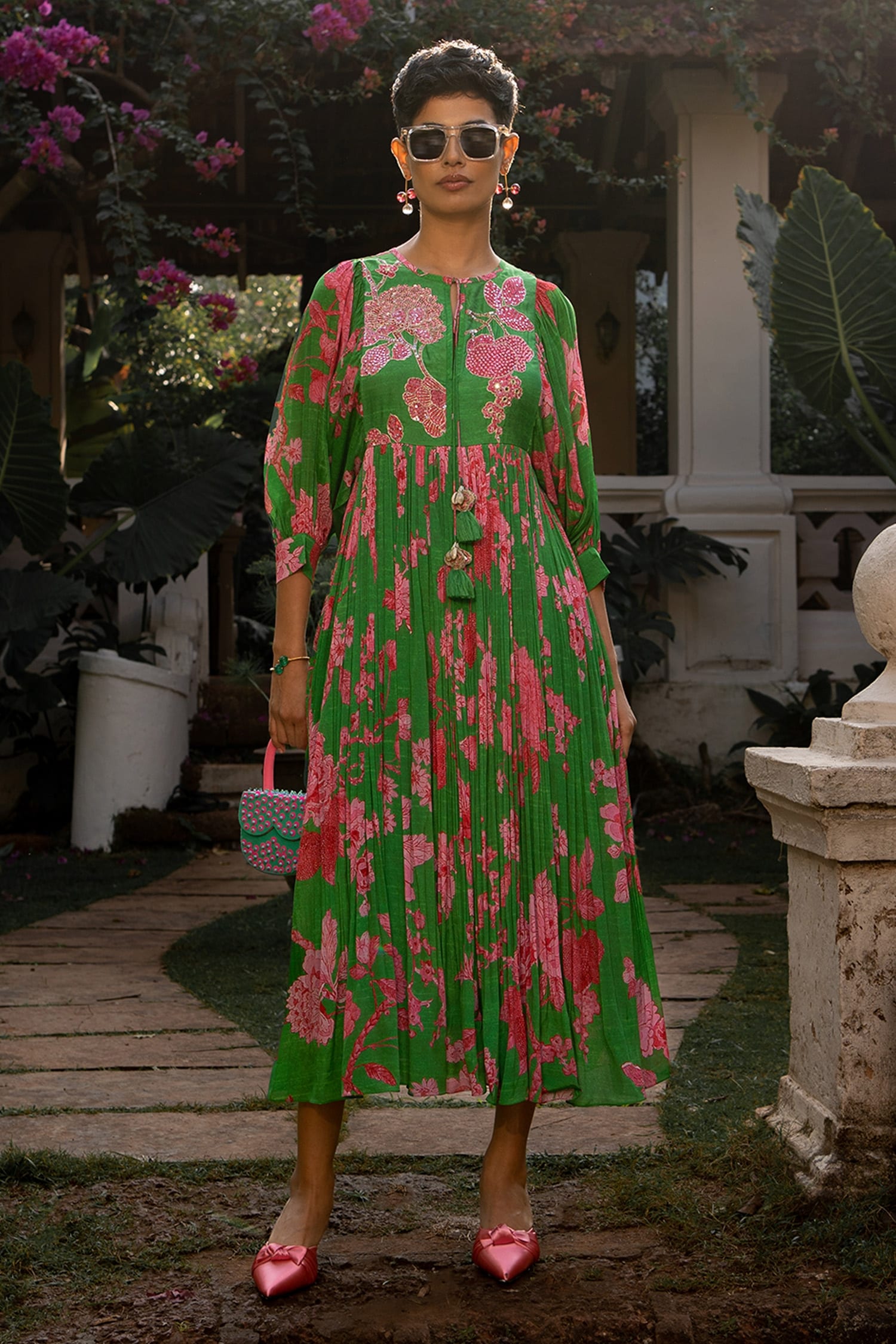 Paulmi and Harsh Green Crepe Embroidered Sequins Spring Blooming Floral Pattern Dress For Women