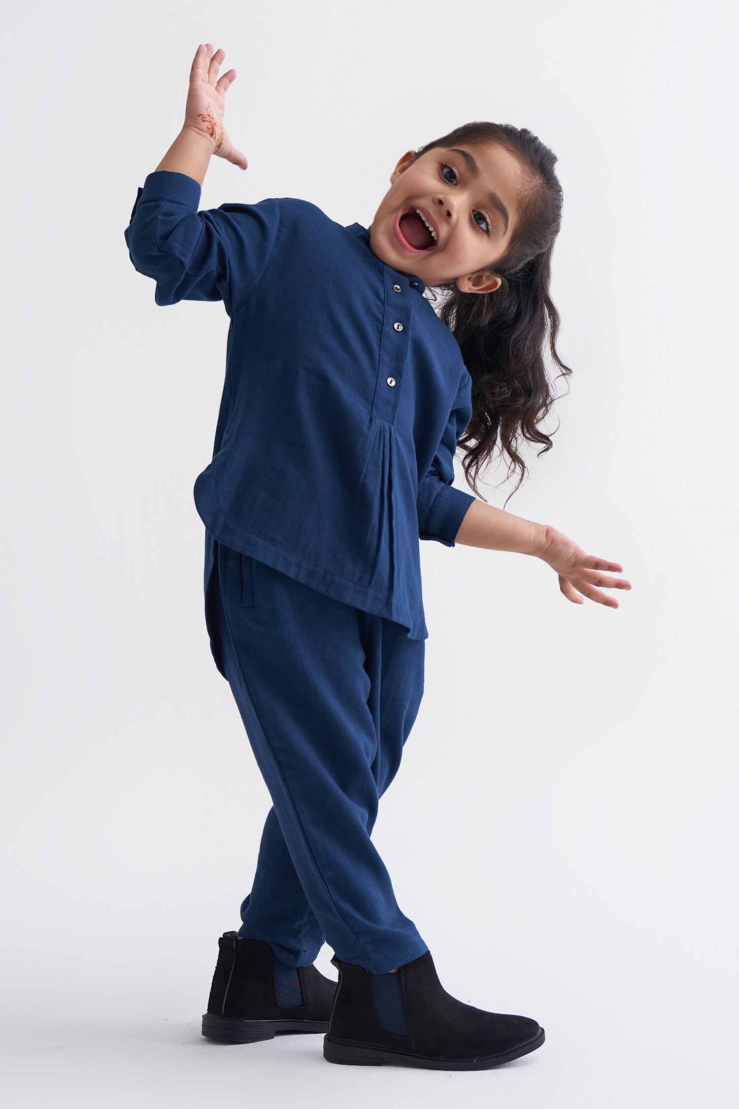 THREE - Blue Melange Solid Co-ord Set For Girls