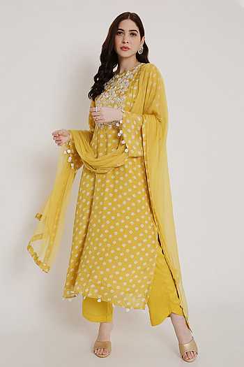 Women Multicolor Rayon Yoke & Hem embroidered Bandhani printed Kurta,pant & dupatta set
