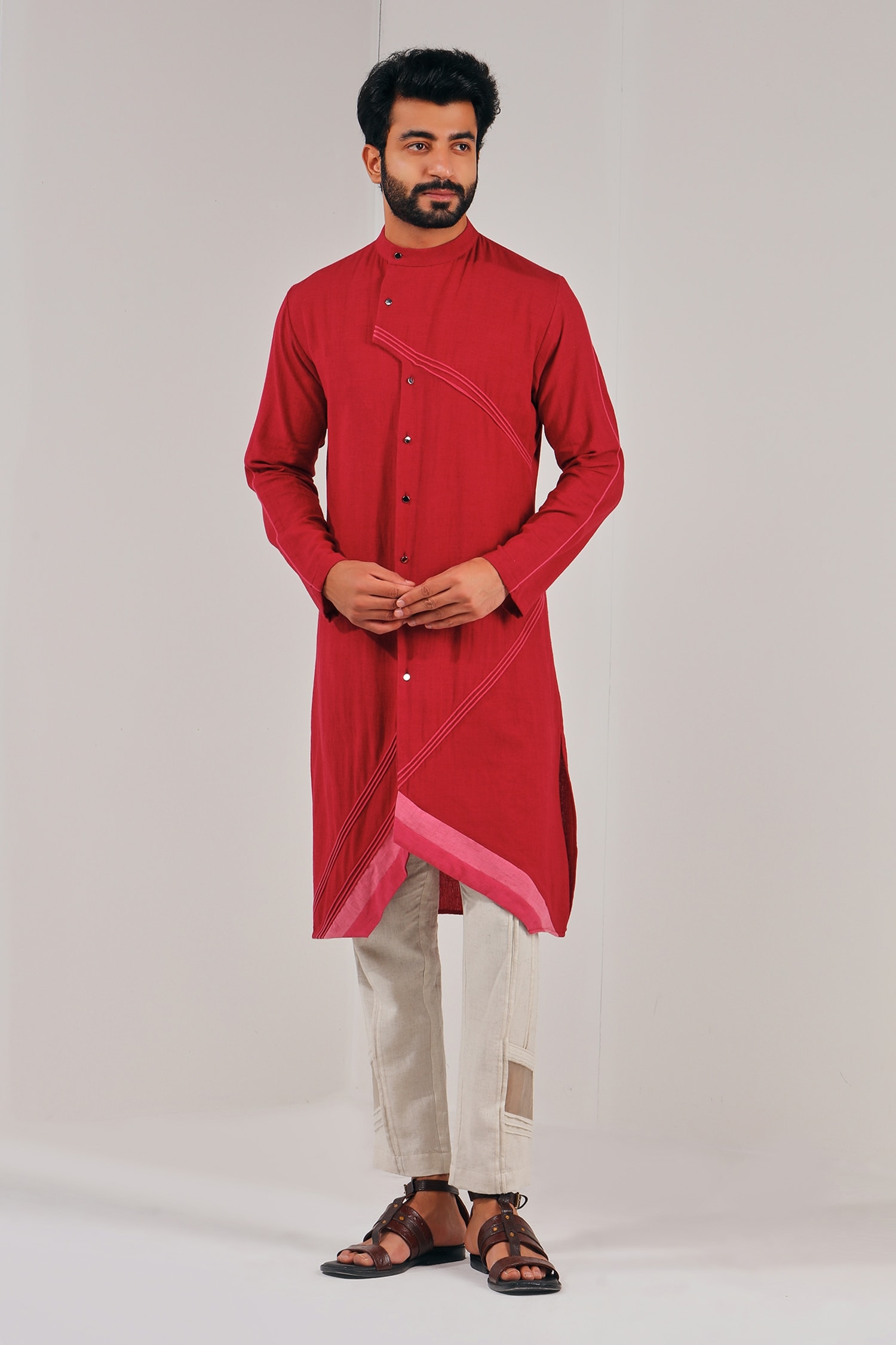 Buy Red Cotton Linen Round Mandarin Collar Kurta For Men by Shreyansh