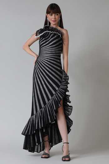 Geisha Designs Black Nylon Printed Metallic Stripe Asymmetric Sabrina Dress| Aza Fashions| Cocktail