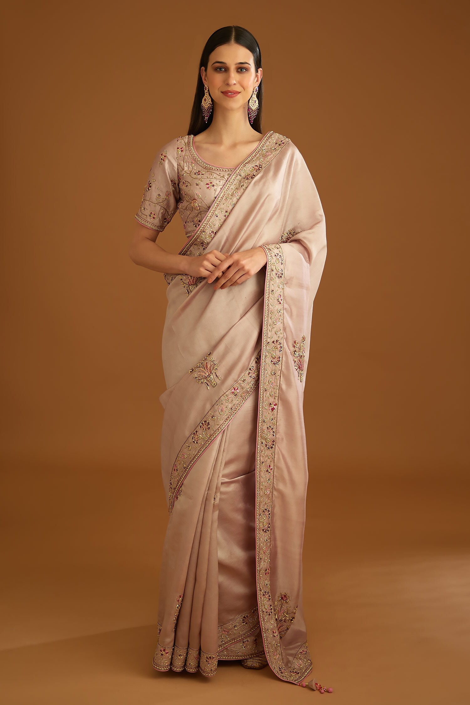 Shyam Narayan Prasad Pink Dupion Silk Bouquet Zardozi Work Saree With Blouse