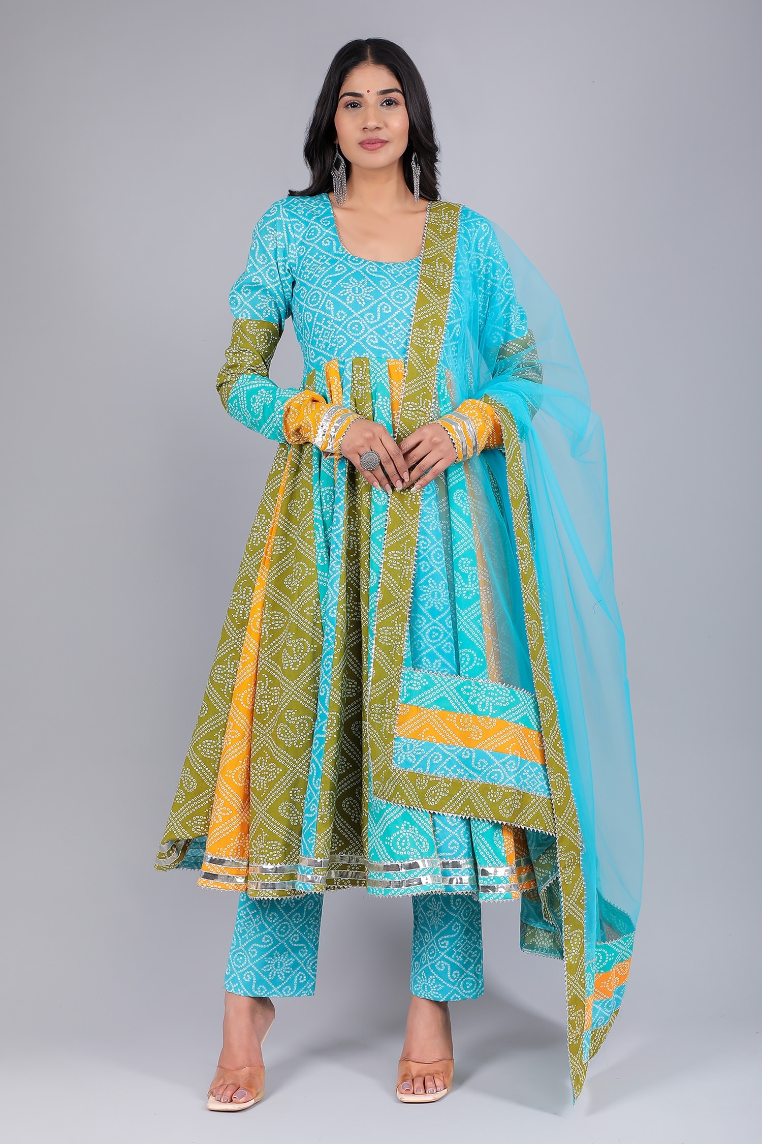 Buy Blue Anarkali And Pant Cotton & Dupatta Soft Net Vedhika Set For