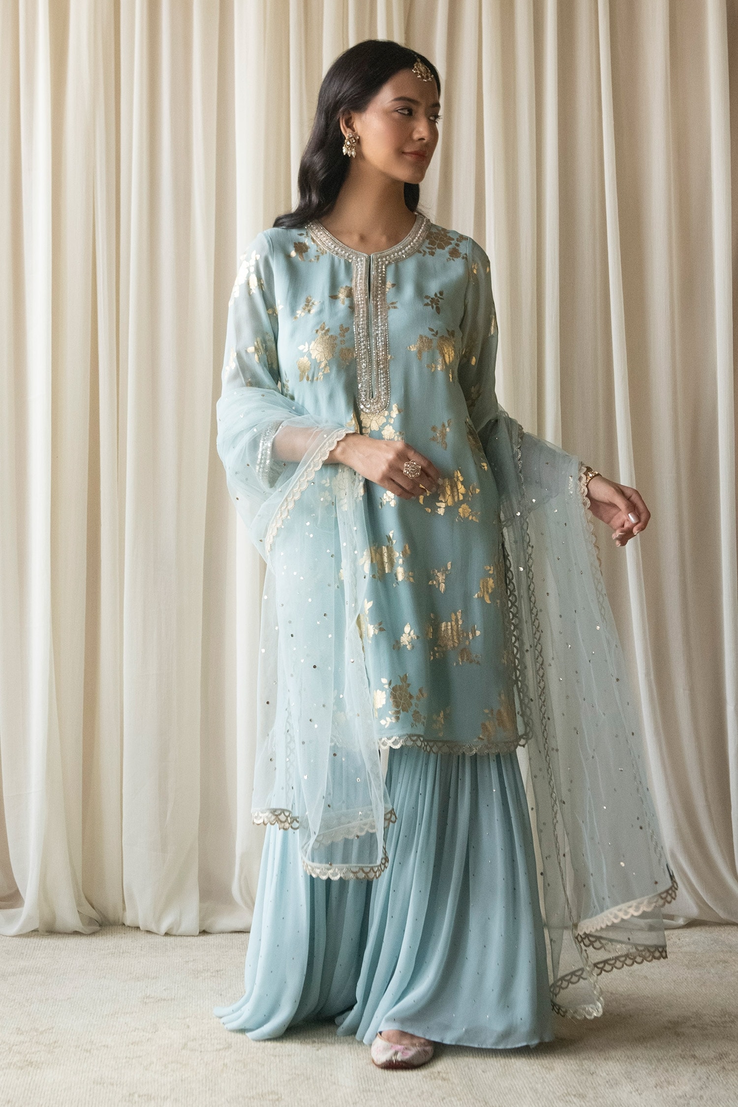 Buy Blue Georgette And Embroidery Foil Round Kurta Gharara Set For 