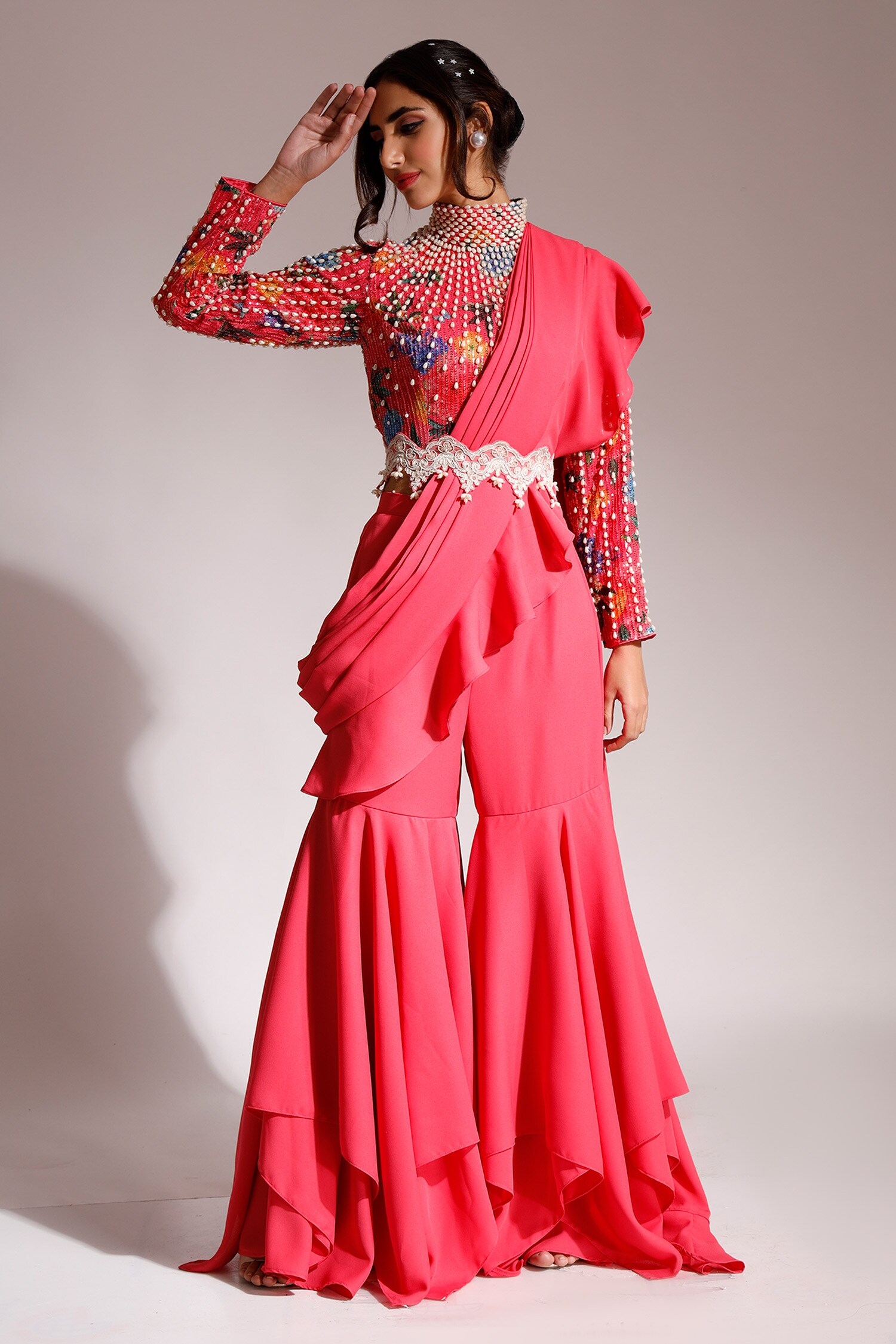 Nitya Bajaj Pink Net Ruffle Sharara Printed Blouse Set